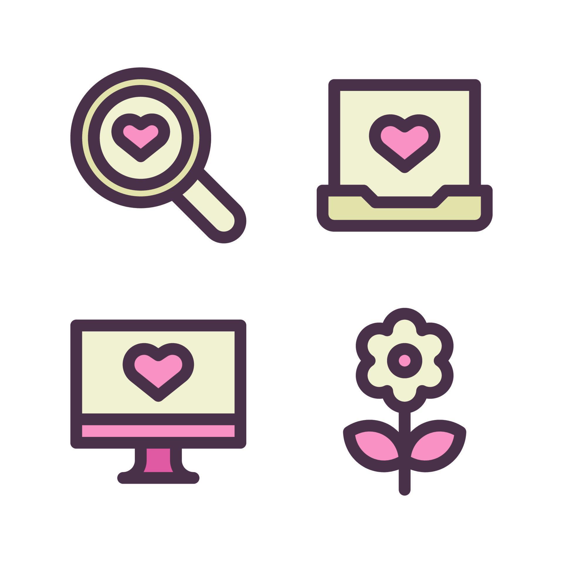 Romance icons set. search, laptop, monitor, flower. Perfect for website mobile app, app icons, presentation, illustration and any other projects Stock Free