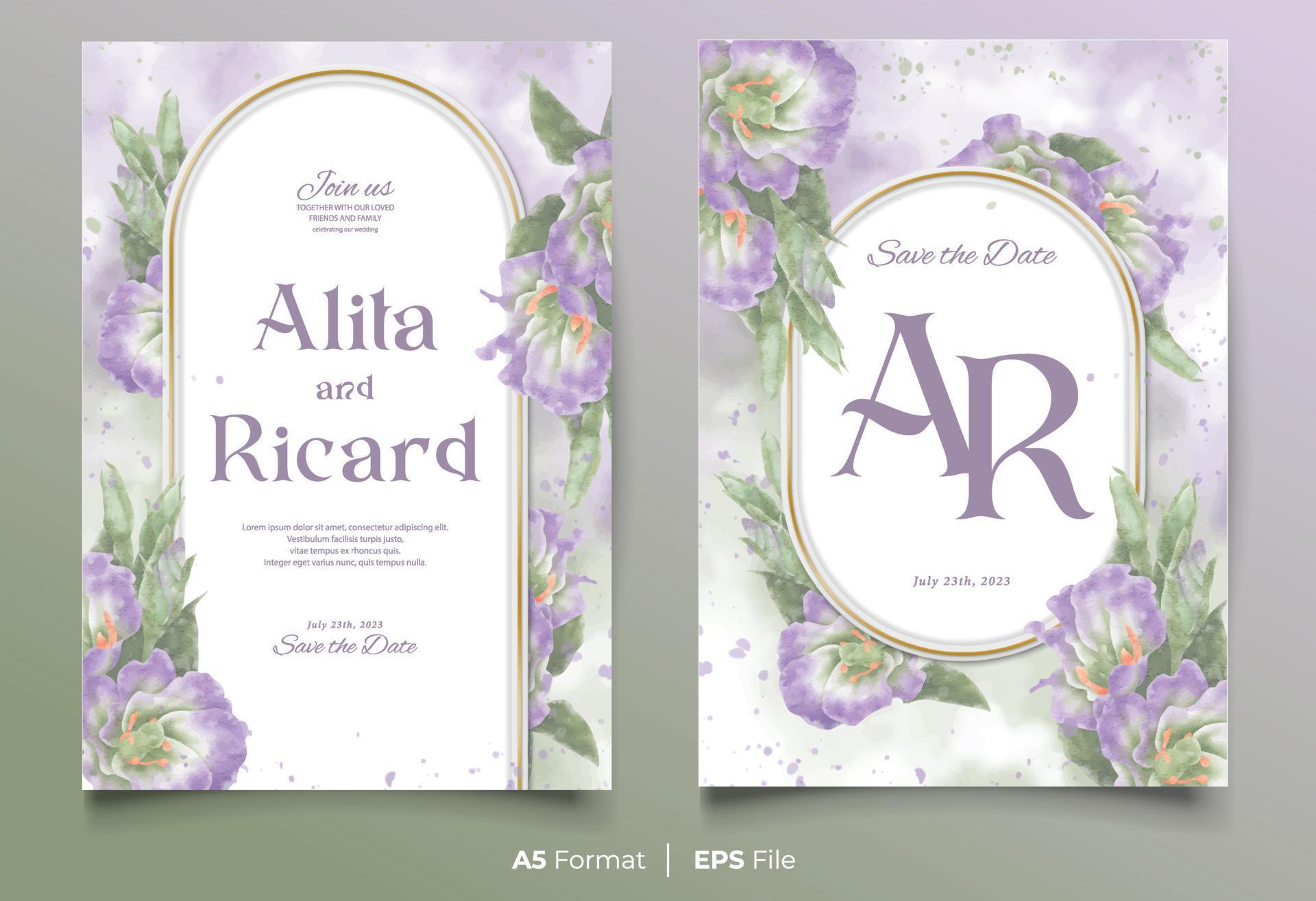 watercolor wedding invitation card template with purple and white flower ornament Stock Free