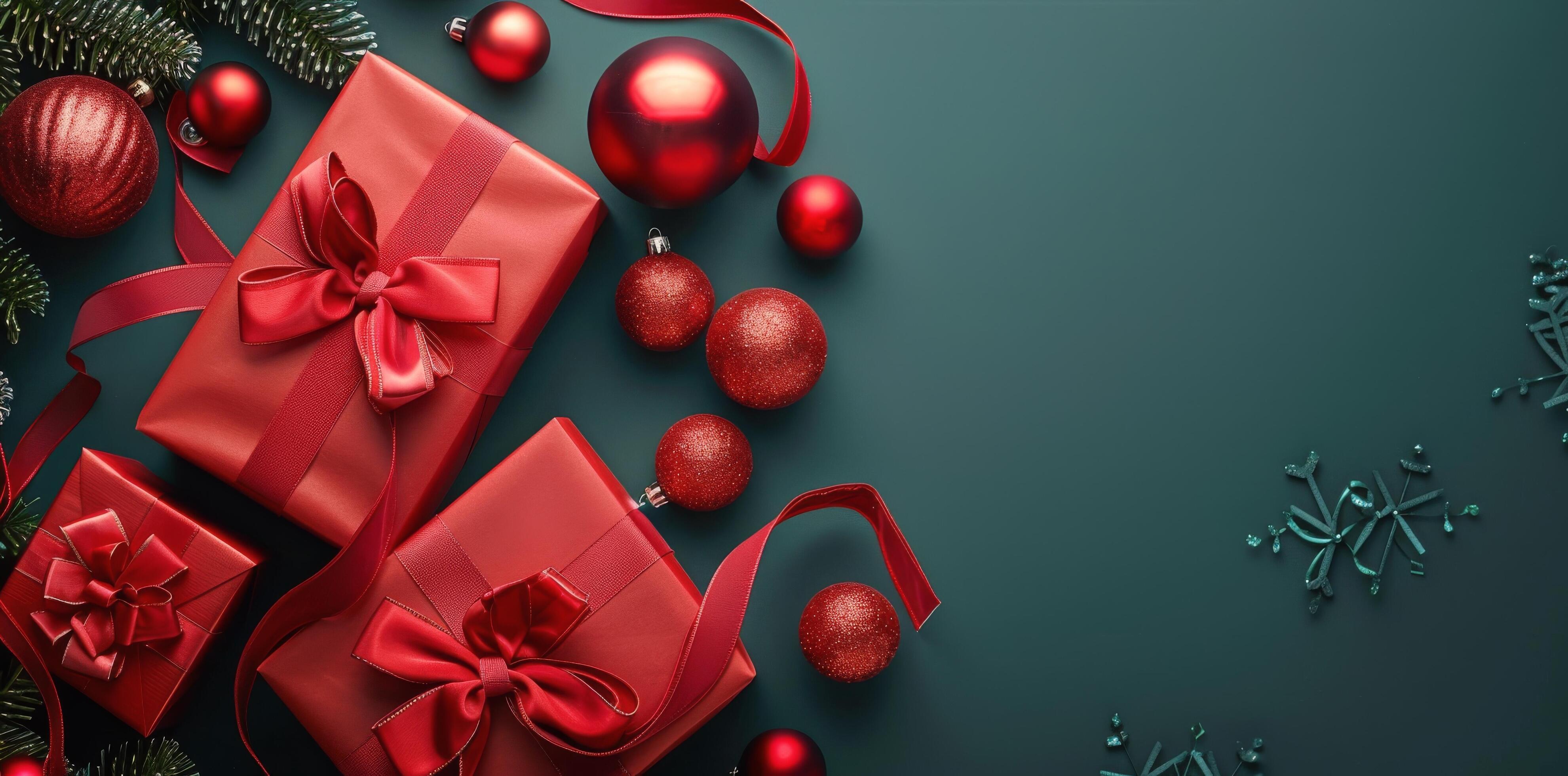 Red Gift Bags and Ornaments on Green Background Stock Free