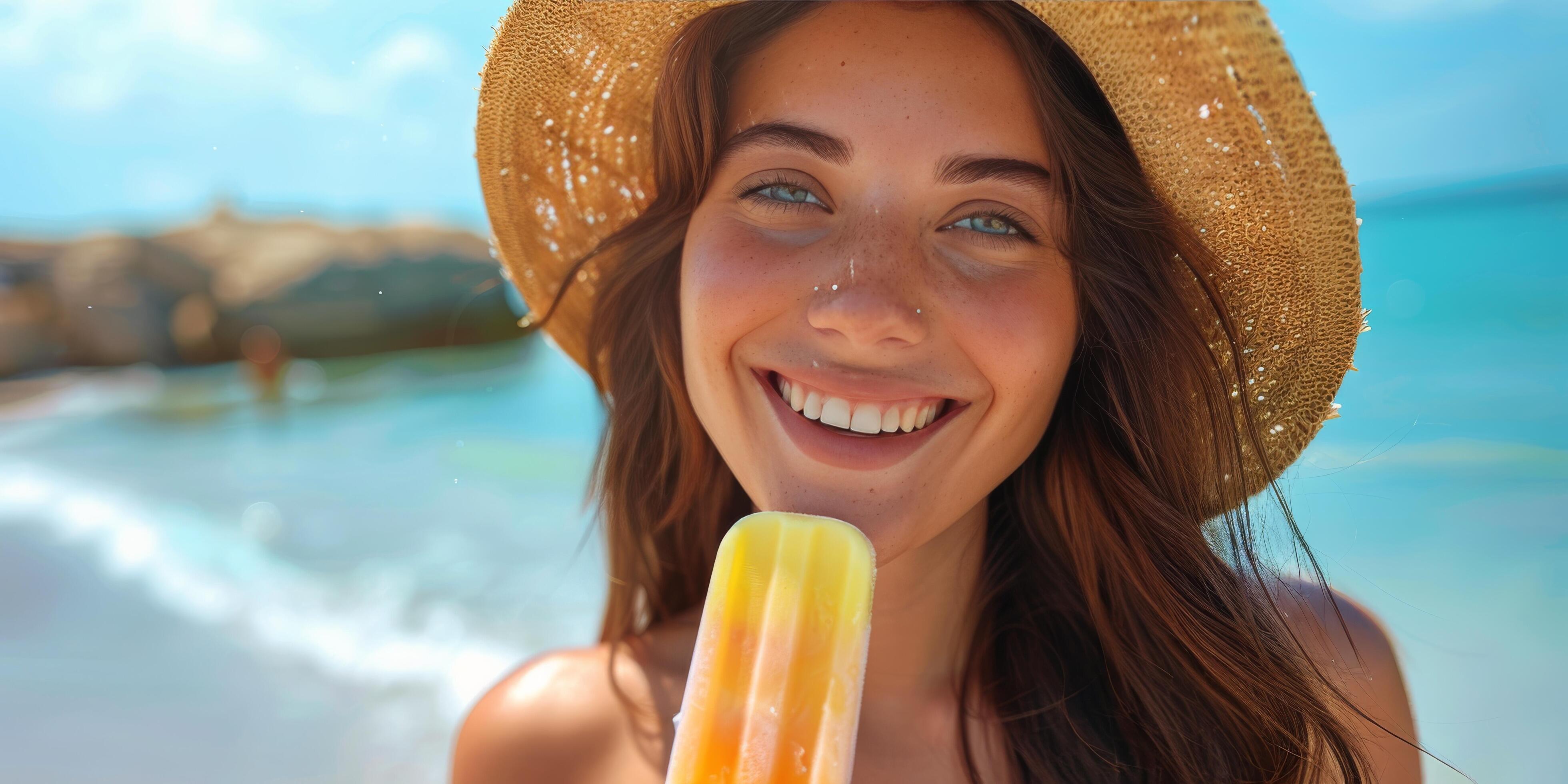 Happy Woman Enjoying Summer Ice Cream on Beach Stock Free