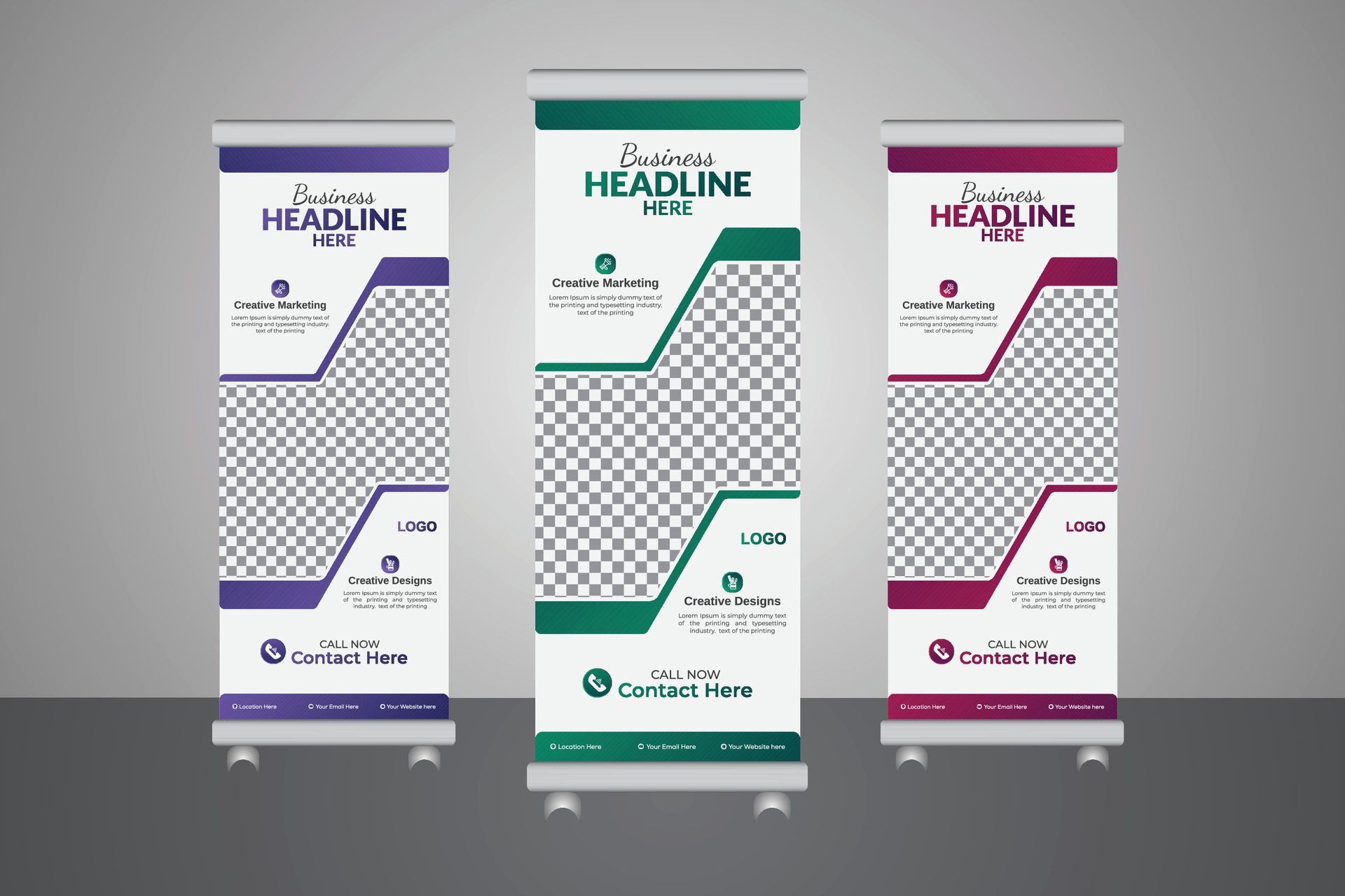 For advertise your company, a corporate roll-up banner template, three-gradient, vibrant arrangement, editable layout. Free Vector