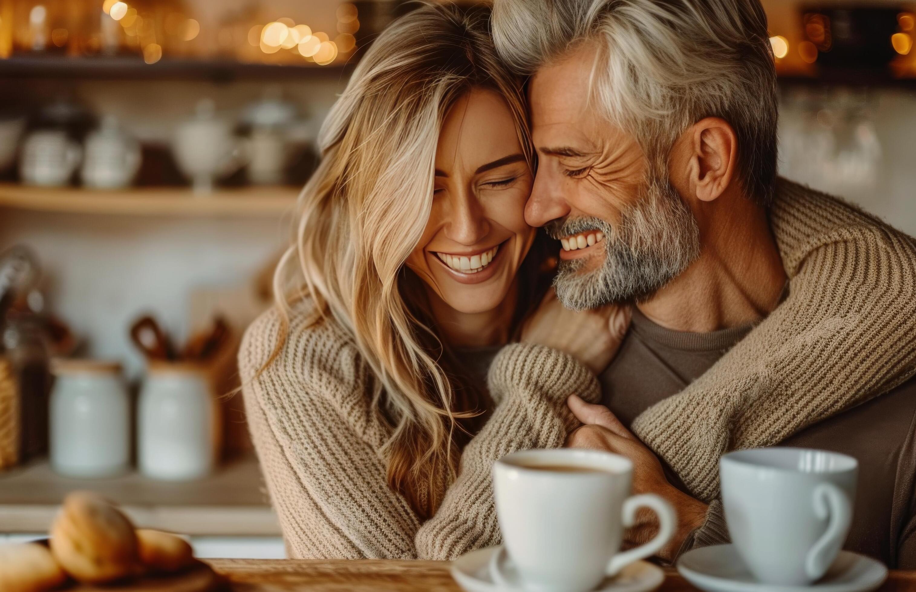 Happy Couple Embracing While Enjoying Coffee at Home Stock Free