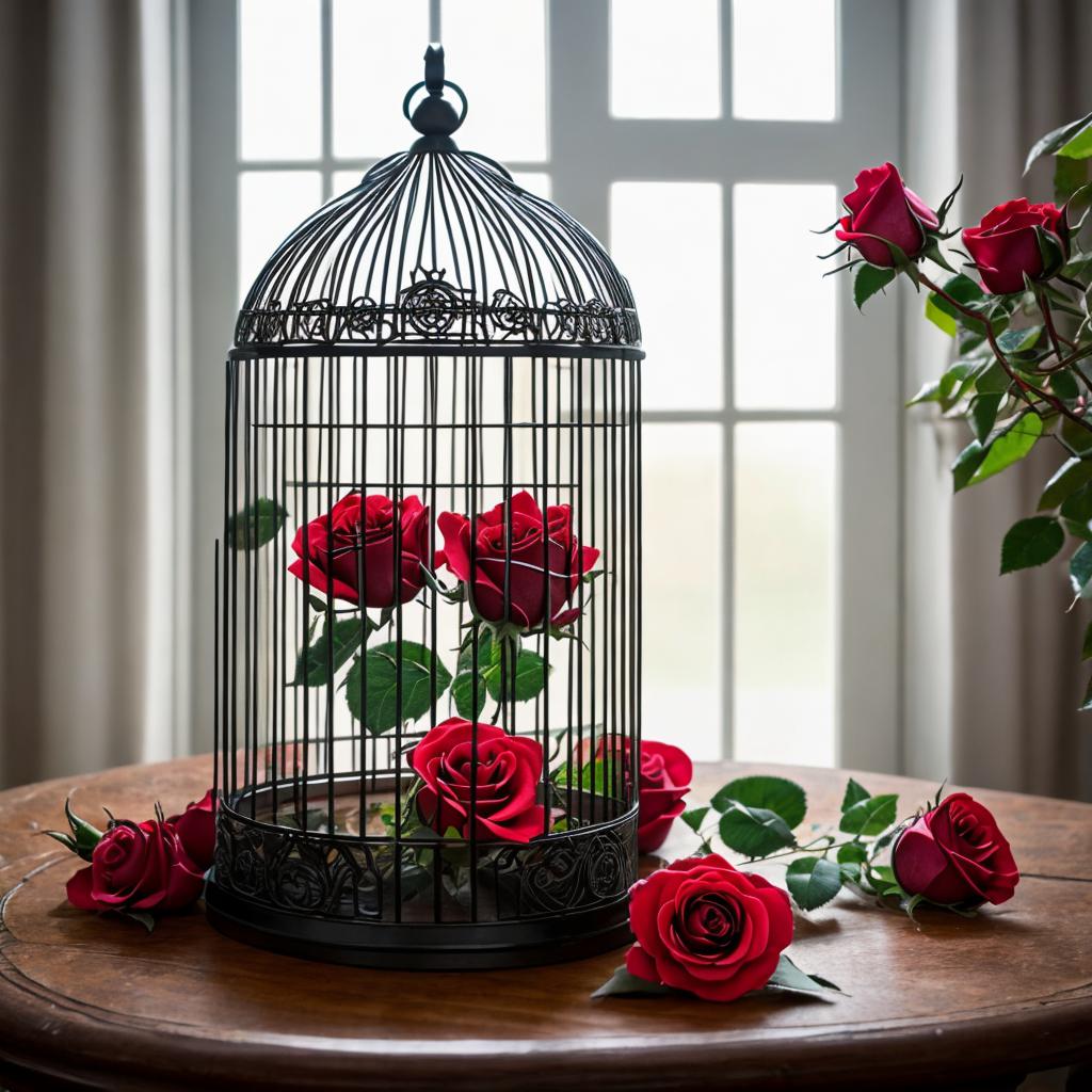 Cage oiseau avec roses, by @ai_generated