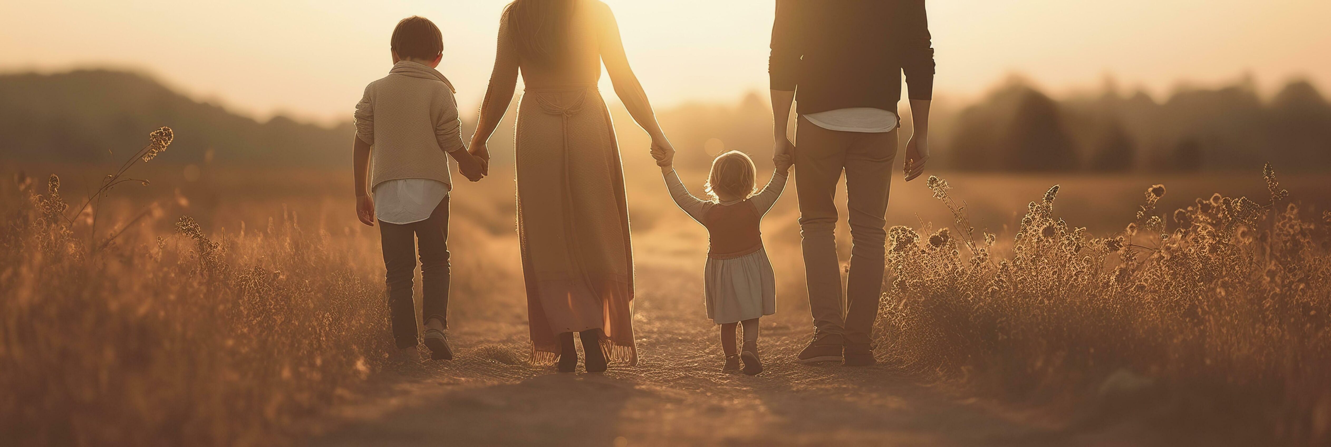 Happy family mother father and daughter walk on nature on sunset hold hand. AI Generative Stock Free