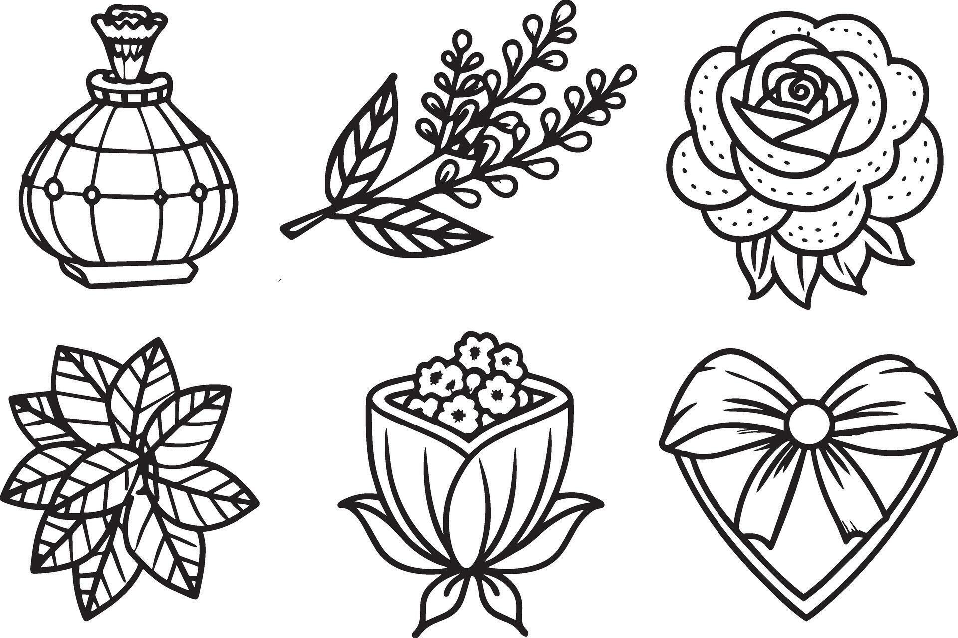 Set of black and white illustration of perfume bottles and flowers. Stock Free