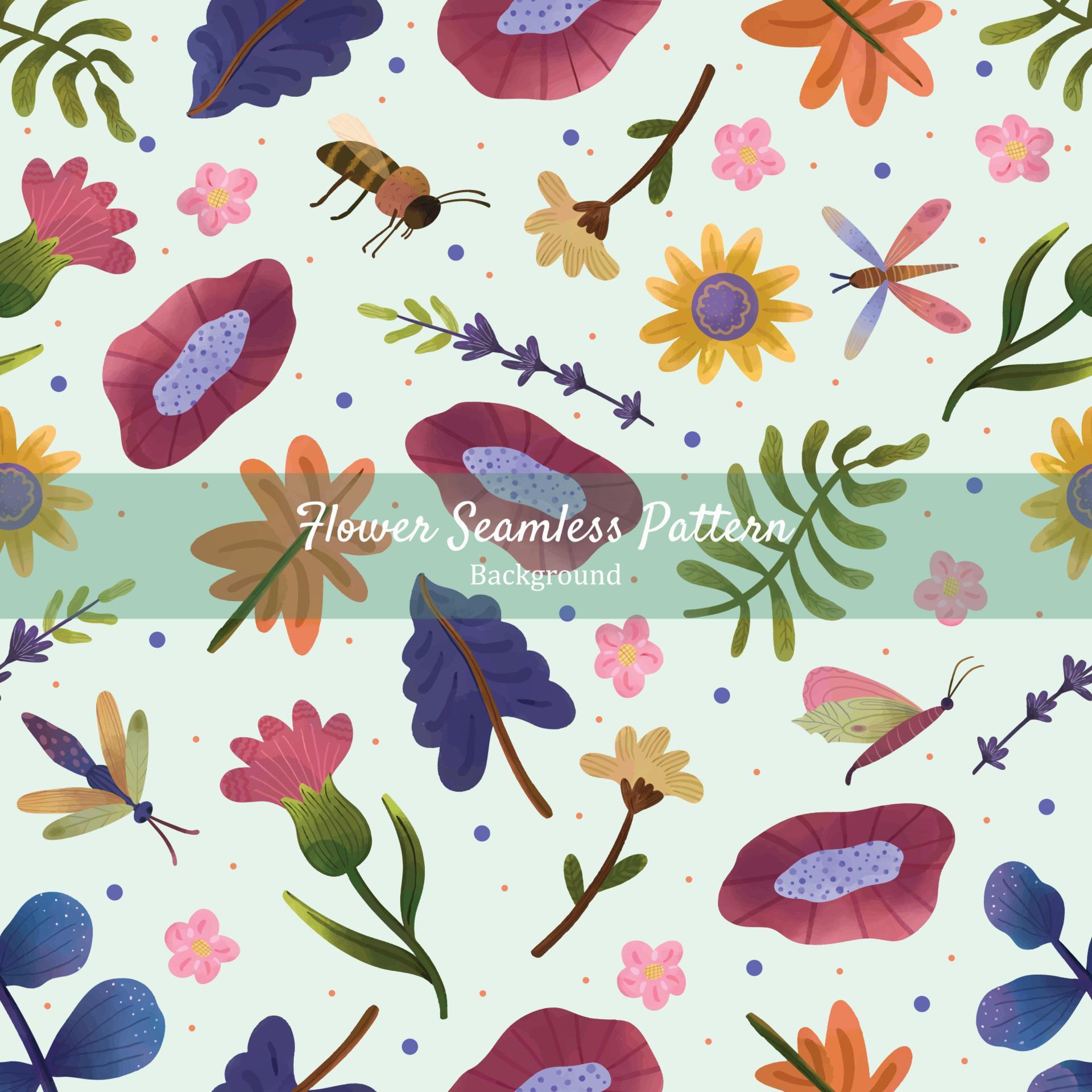 Hand Drawn Colorful Flower With Insects Seamless Pattern Stock Free