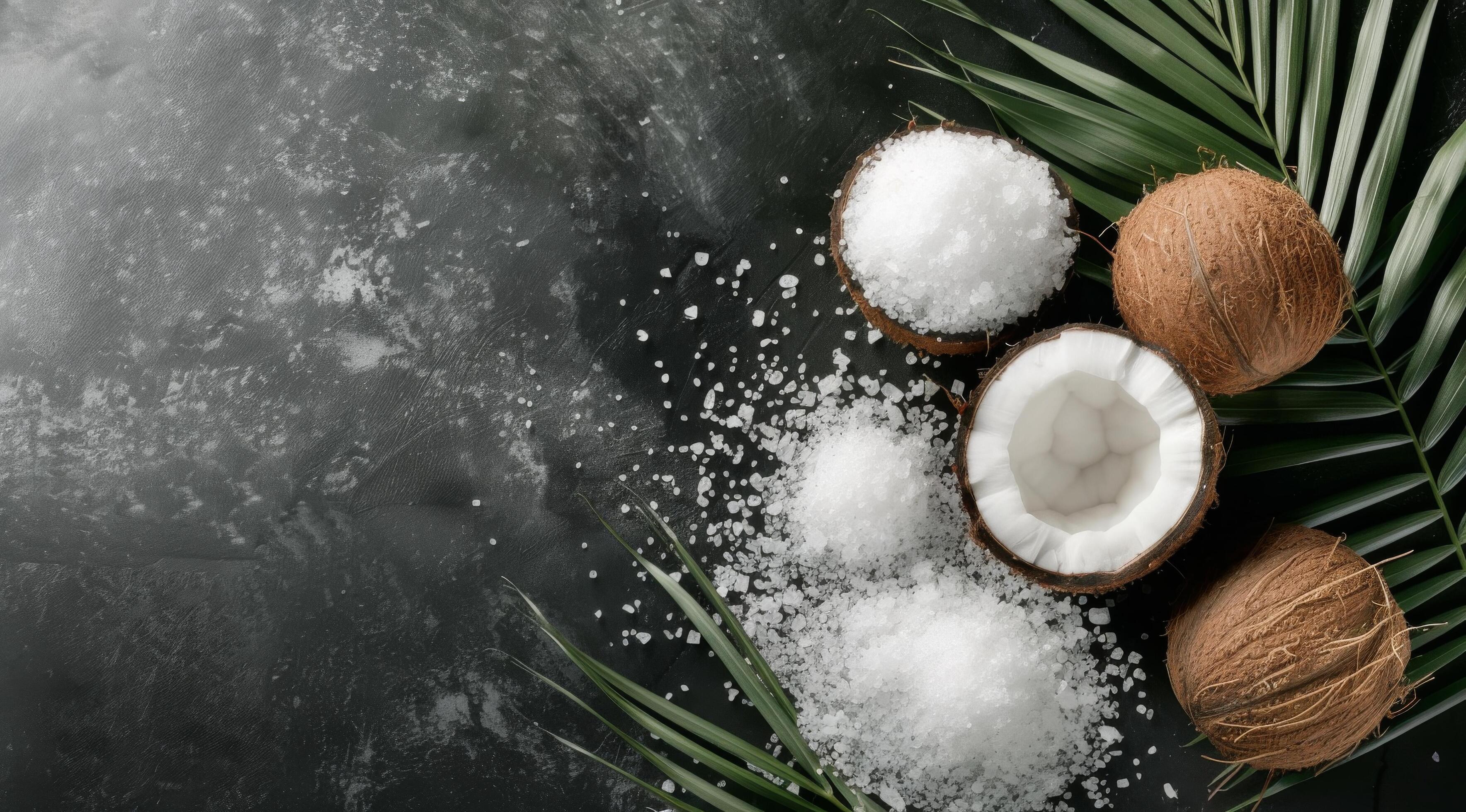 
									Coconuts and Palm Leaf on Black Background Stock Free