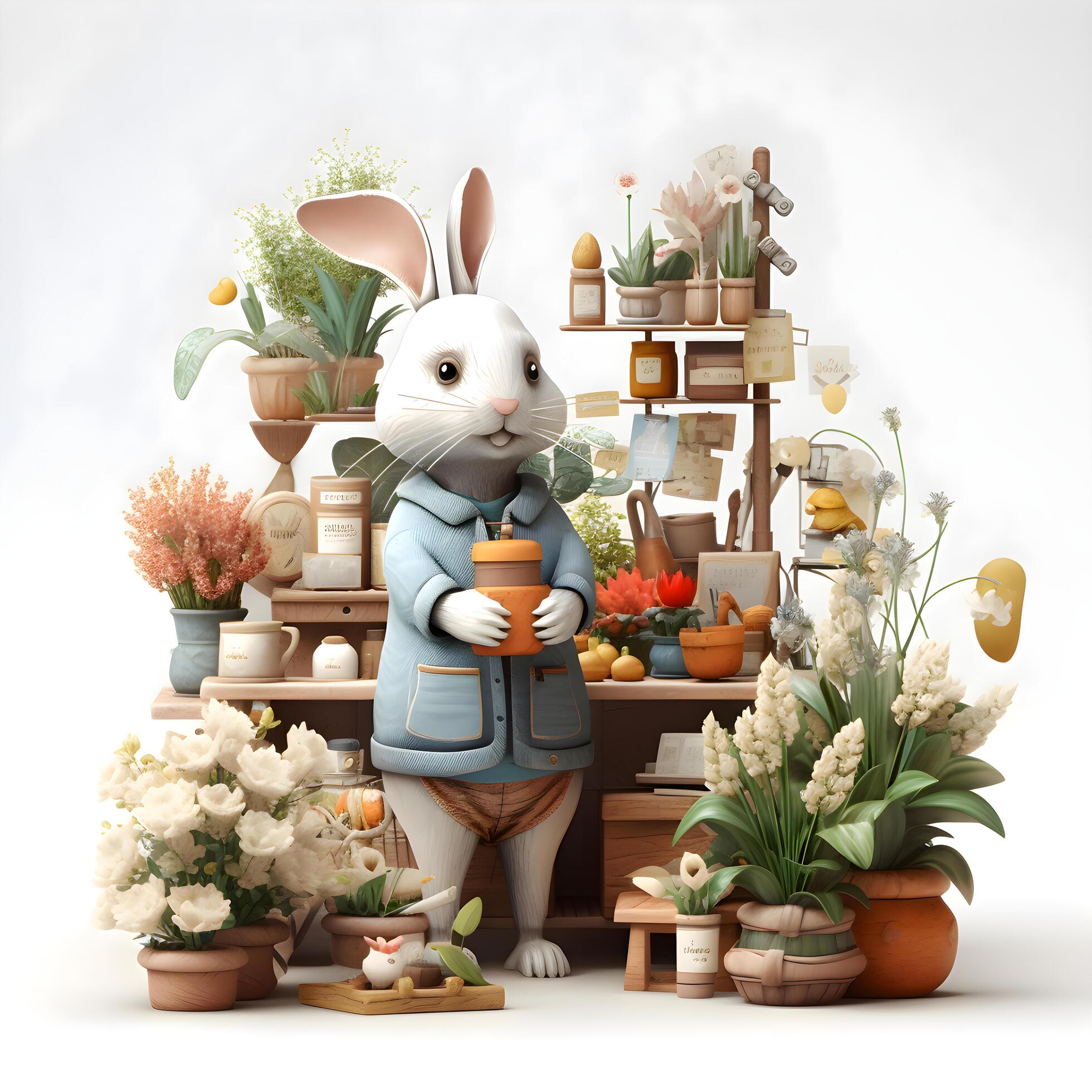 3D rendering of a cute rat gardener with a flower pot, Image Stock Free