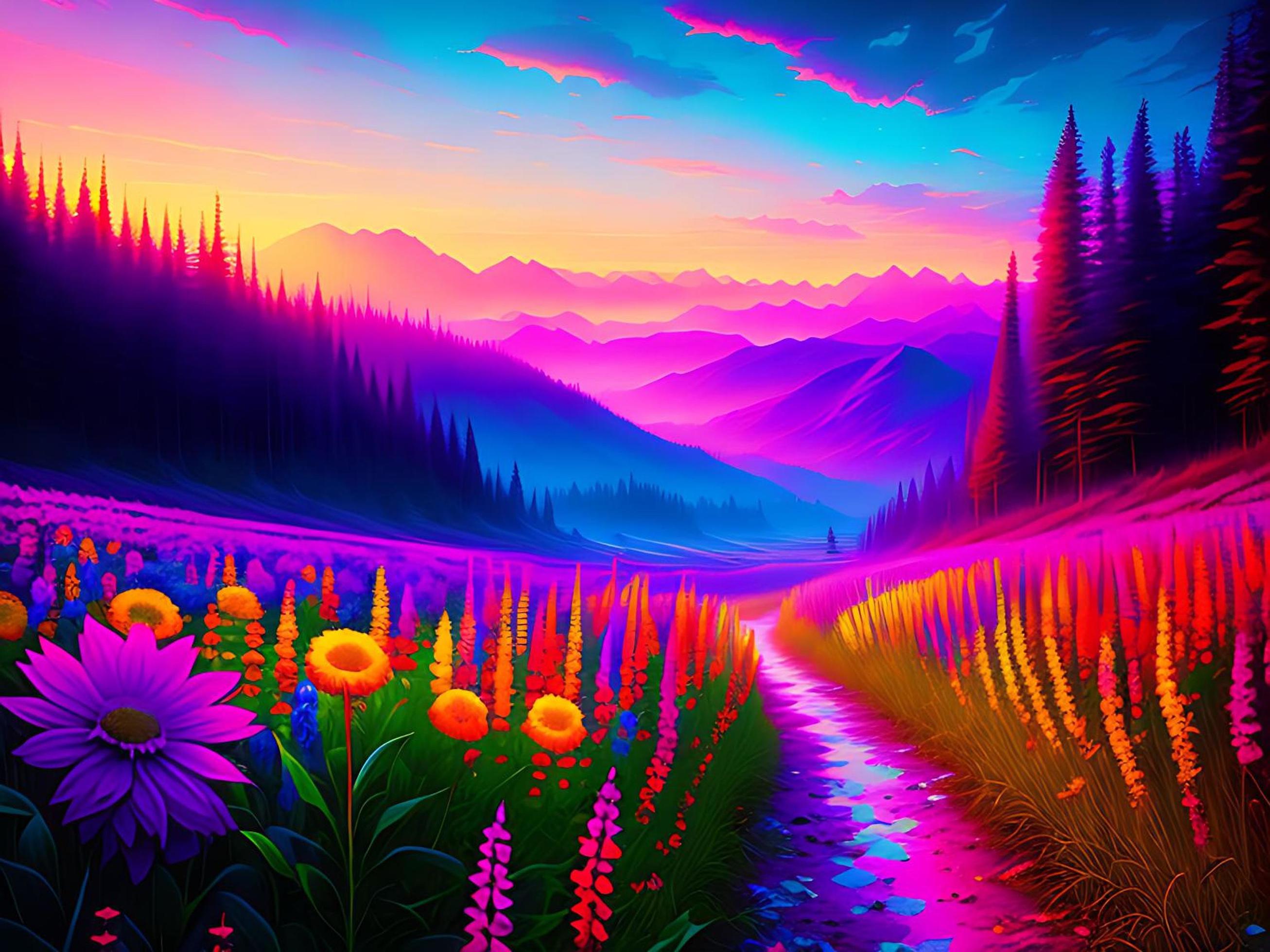 Nature wallpaper background, Nature digital painting, Colorful nature AI background Stock Free