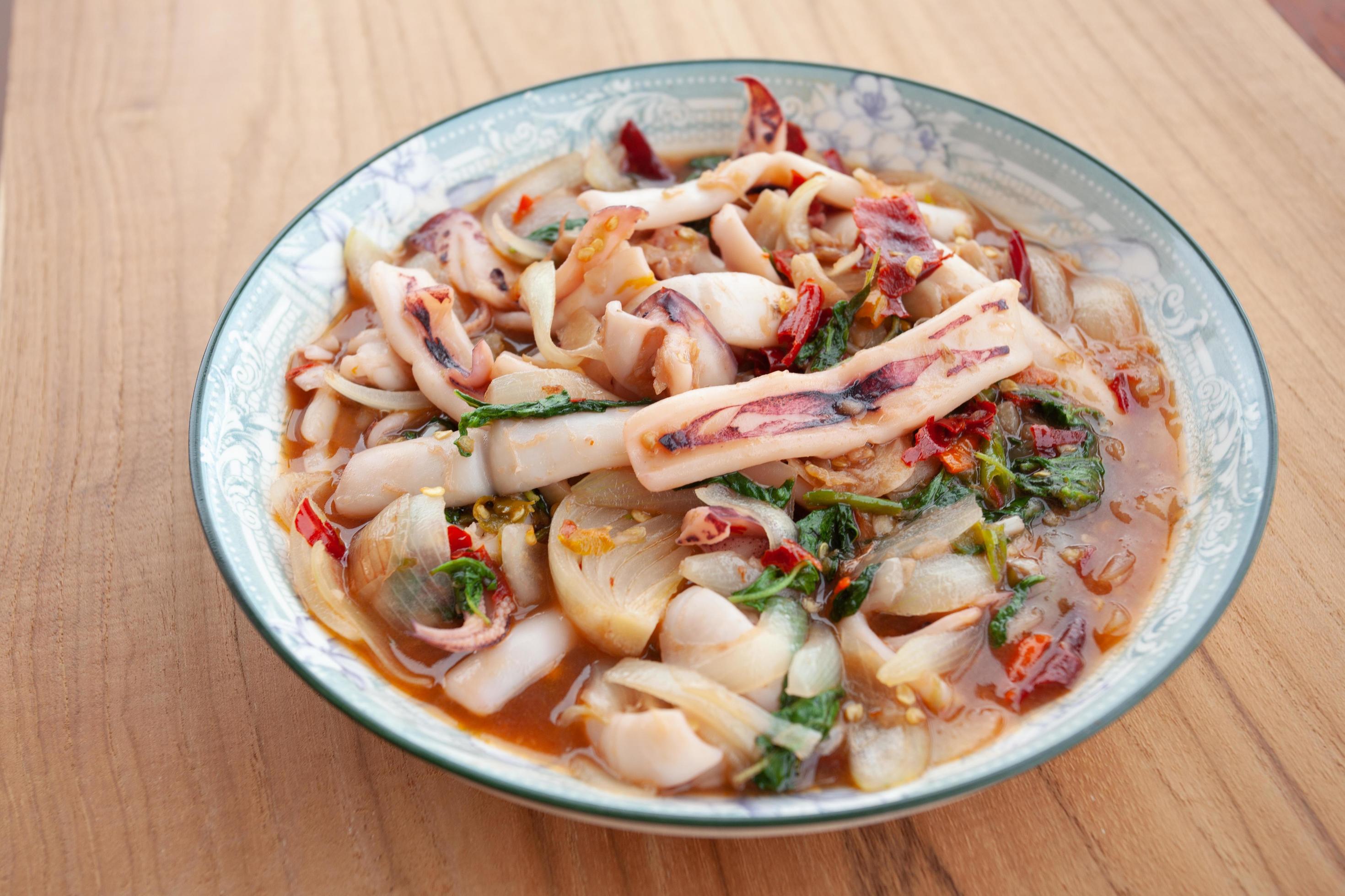 Street Food In Thailand, Stir Fried Squid with Basil Stock Free