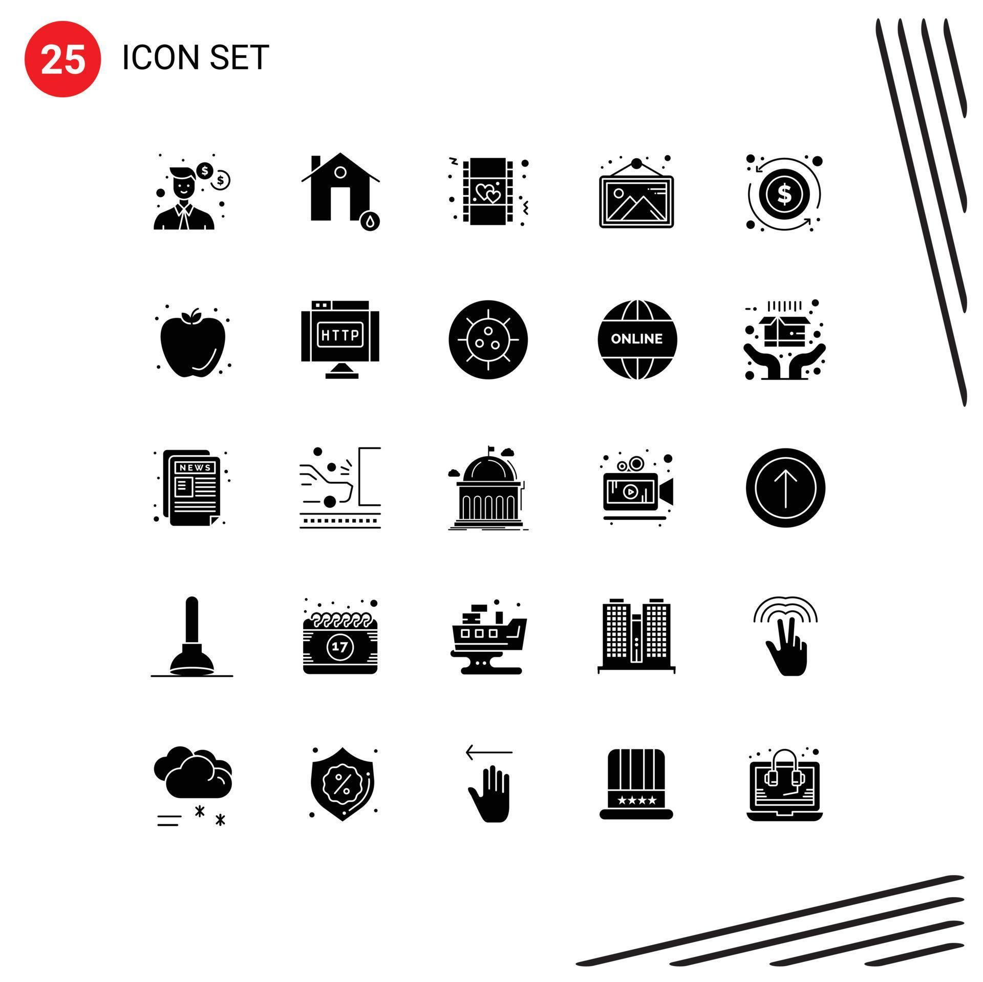 Group of 25 Solid Glyphs Signs and Symbols for arrow photo house image movie Editable Vector Design Elements Stock Free