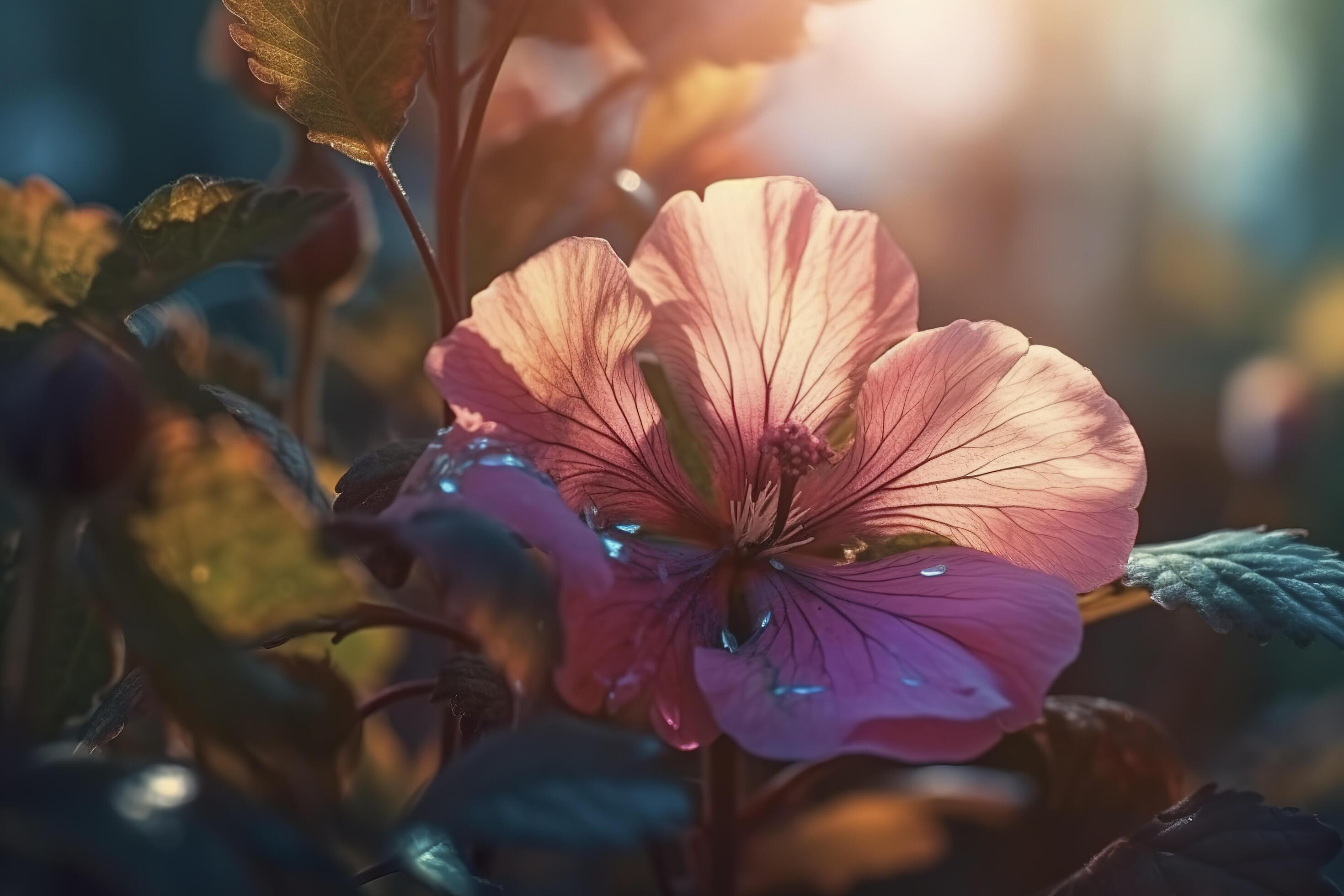 pink flowers with the sun shining through the clouds in the background and the grass in the foreground is a field of purple flowers. Stock Free