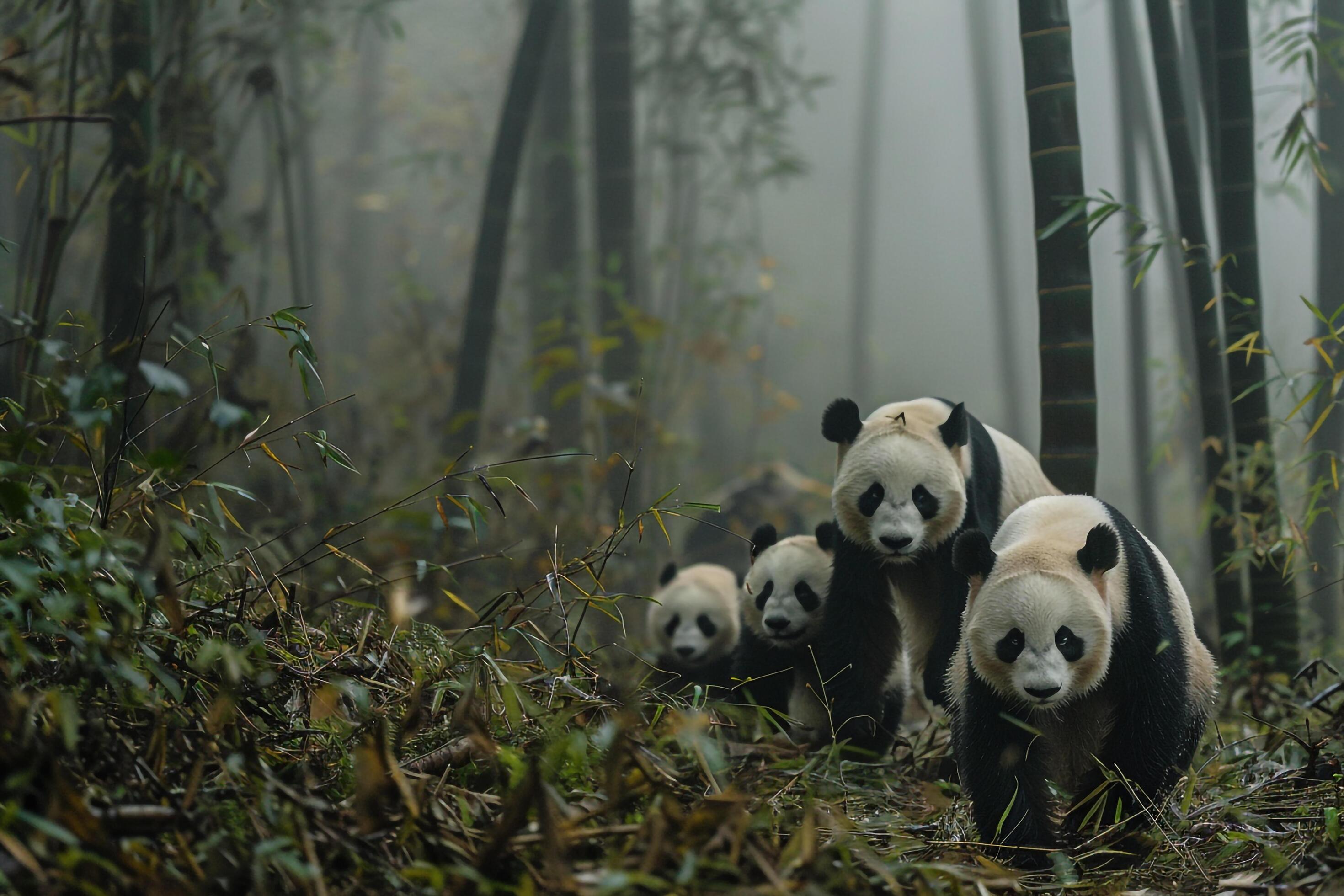 A Family of Pandas Frolicking in a Bamboo Forest. Background. Nature Stock Free