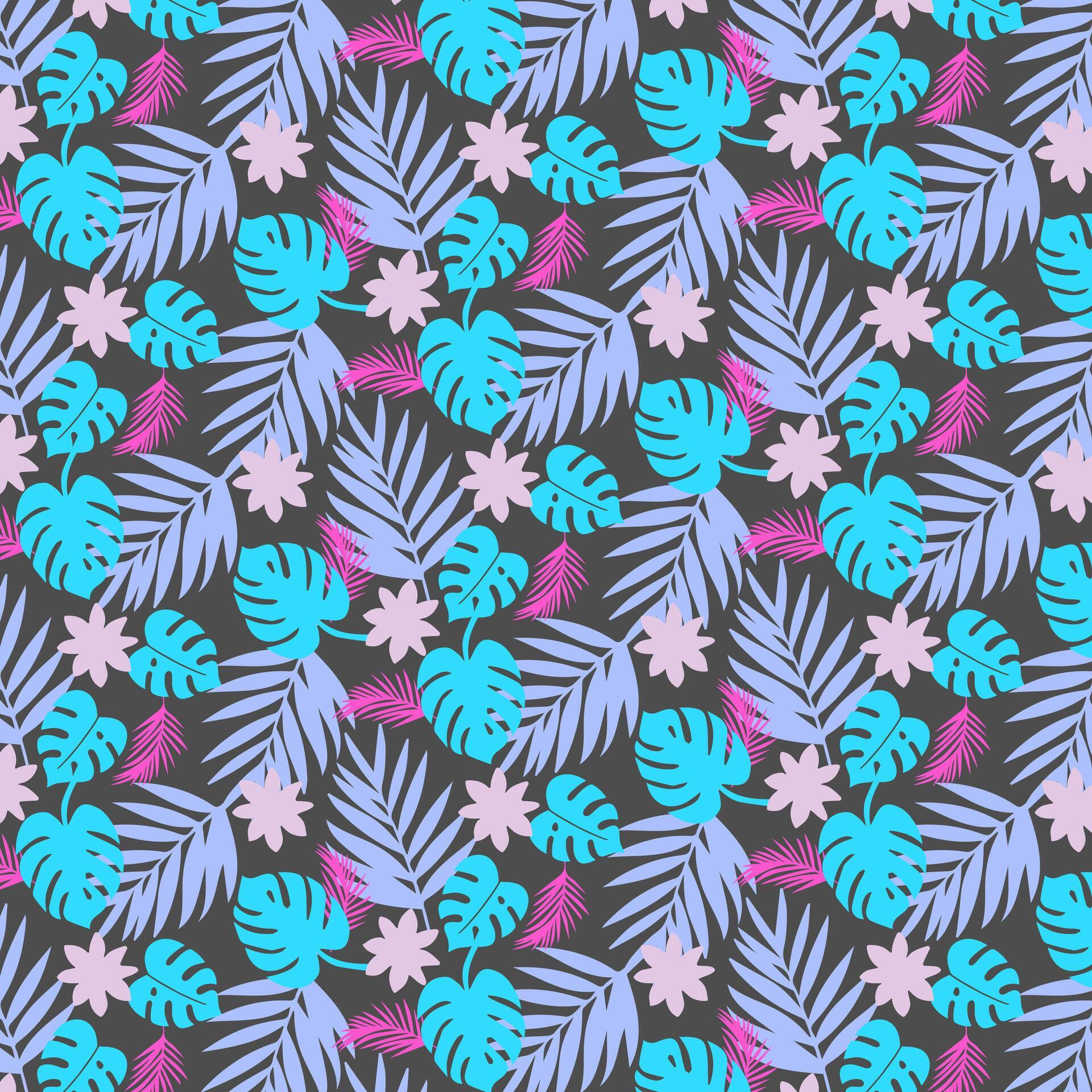 Tropical seamless pattern. Colorful palm leaves and flowers on gray. Summer bright background. Fashion design for print, decor, fabric, card. Stock Free