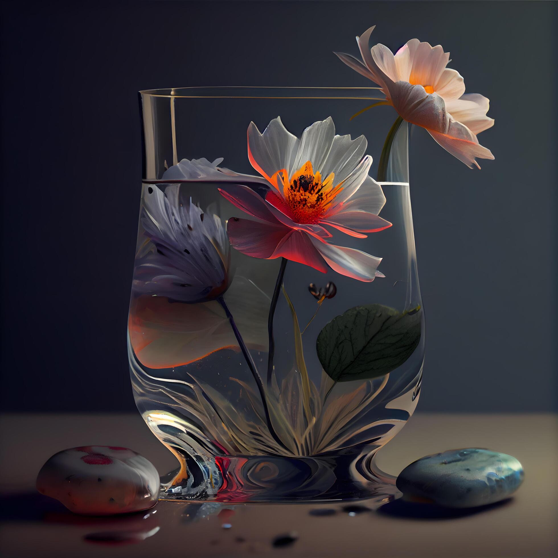 Flowers and stones in a glass vase on a dark background Stock Free