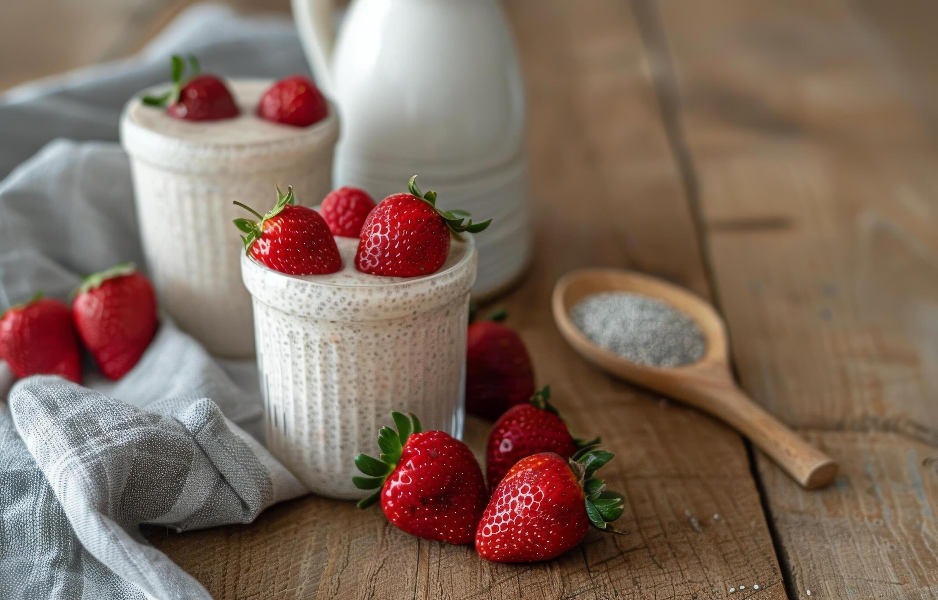 Fresh Strawberry Chia Seed Pudding With Wooden Spoon on Rustic Table Stock Free