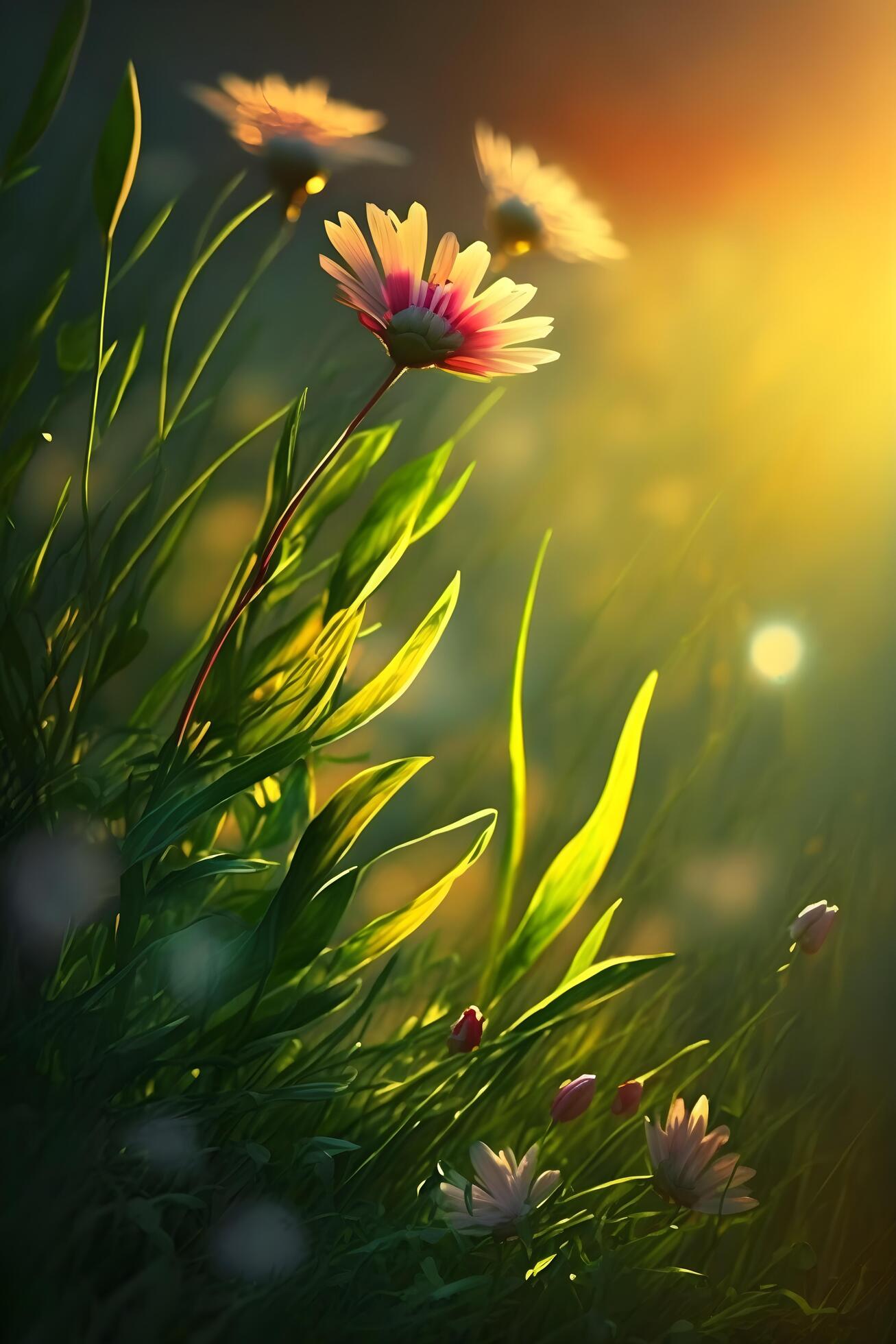 evening flowers and green grass created by technology Stock Free