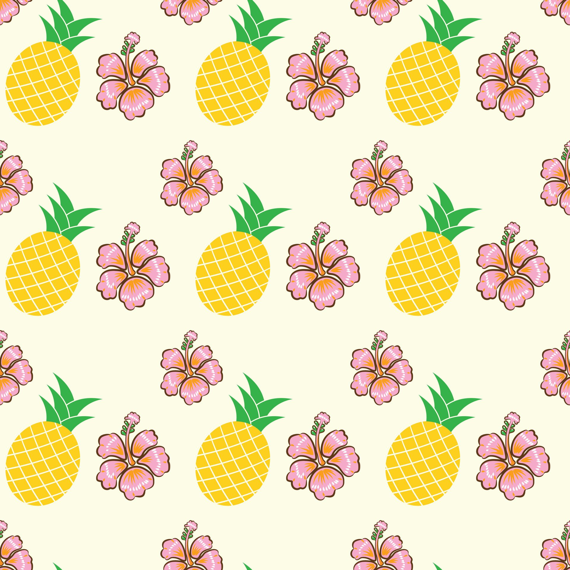 Exotic Pineapple And Hibiscus Seamless Pattern Design Free Vector