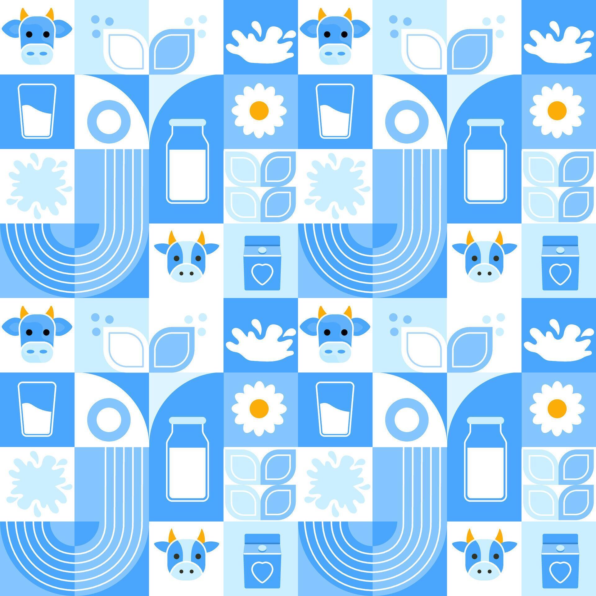 
									Vector seamless pattern with cows, milk, flowers. Modern abstract Background. World Milk Day. Vector illustration of geometric shapes. Stock Free