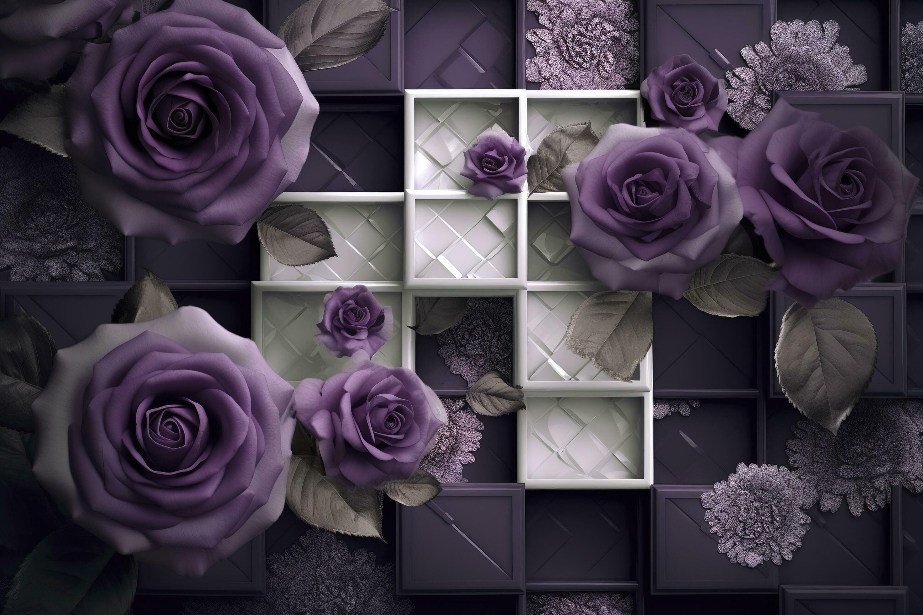 3d Mural modern wallpaper. purple rose flowers with Squares and decorative background . modern art for wall home decor, generate ai Stock Free