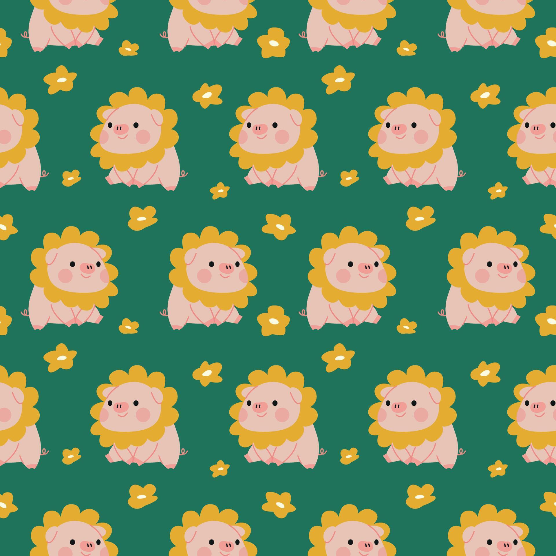 CUTE PIG WITH SUN FLOWER ON HIS HEAD SEAMLESS PATTERN Stock Free