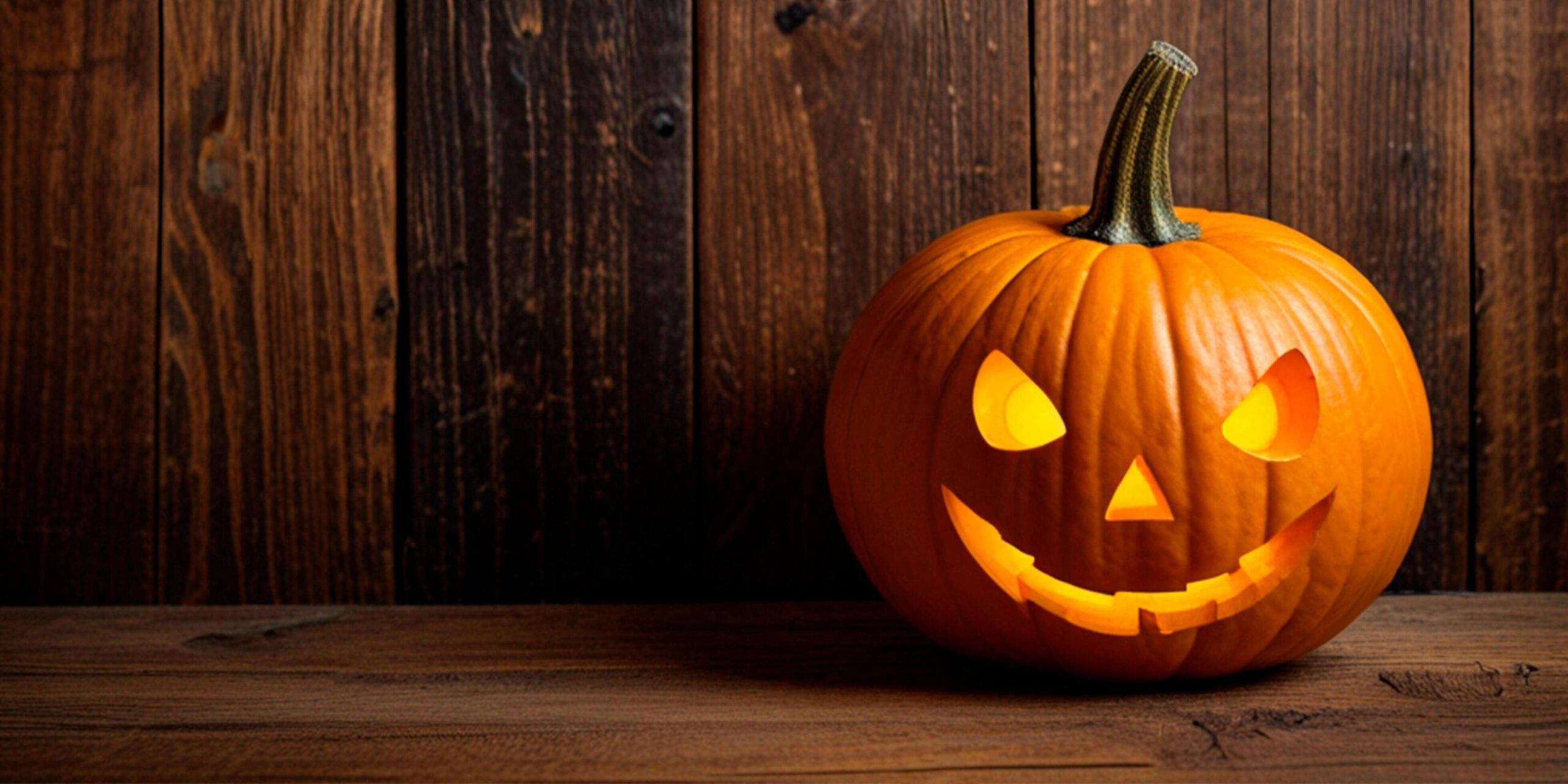 Halloween pumpkin on wooden background, horizontal banner generated AI. Free Photo