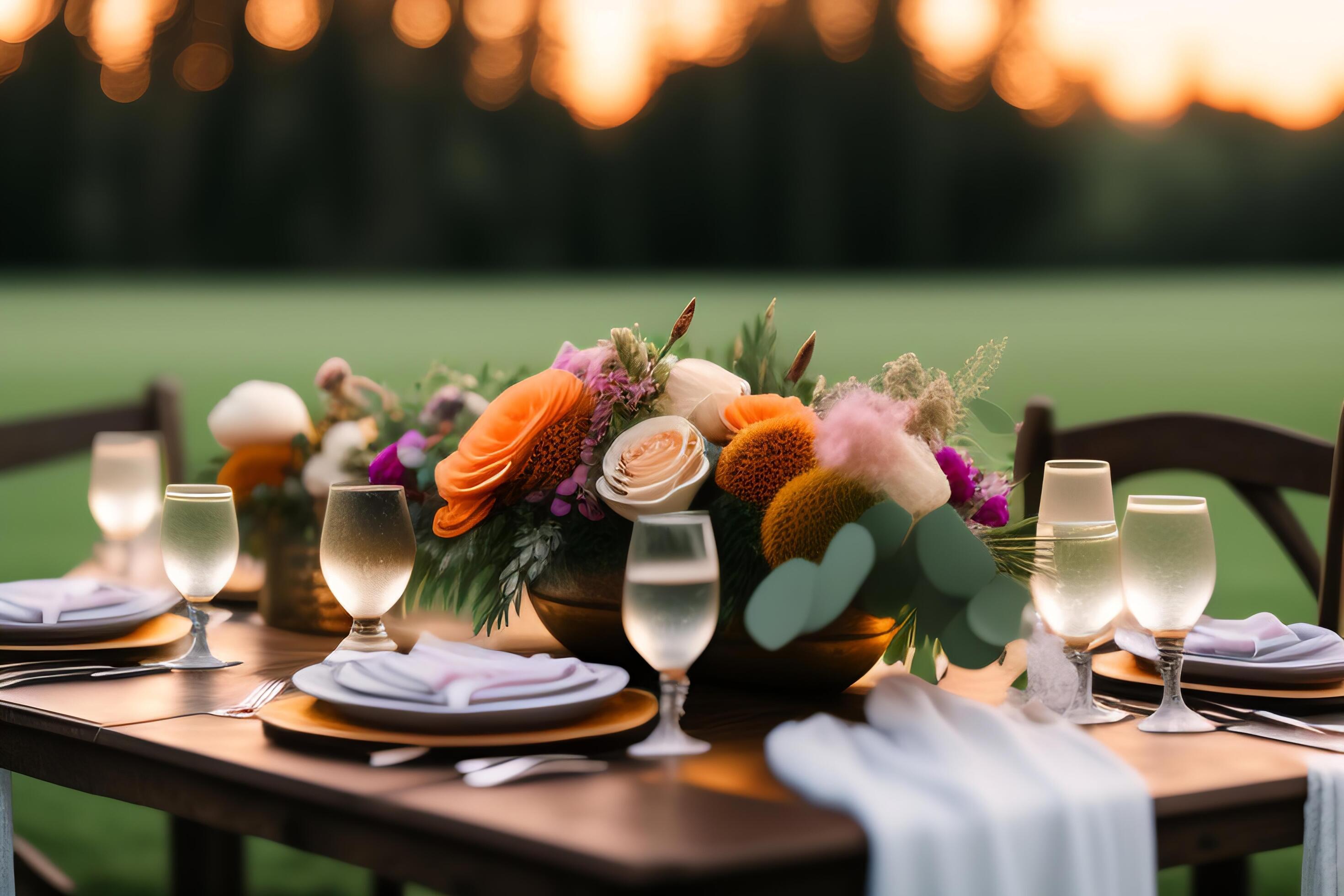 Wedding table setting with flowers and crockery on the grass. Stock Free