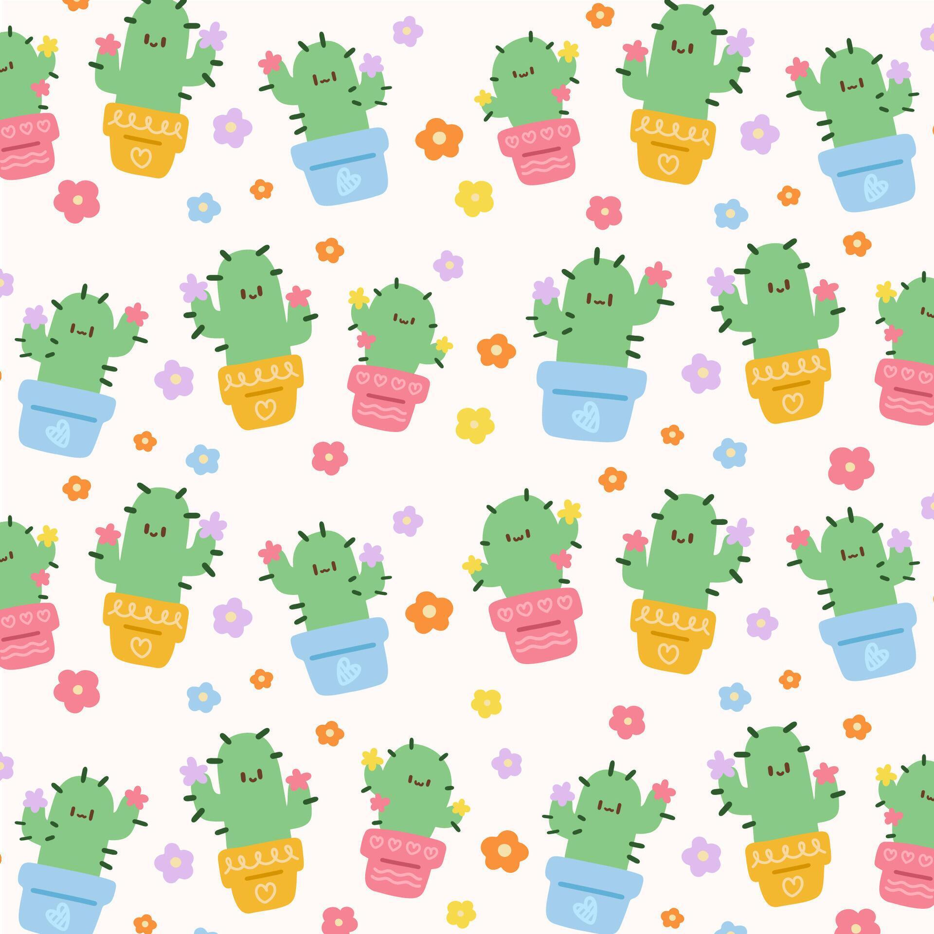 Cute cactus with minimal flowers pattern on soft yellow background Stock Free