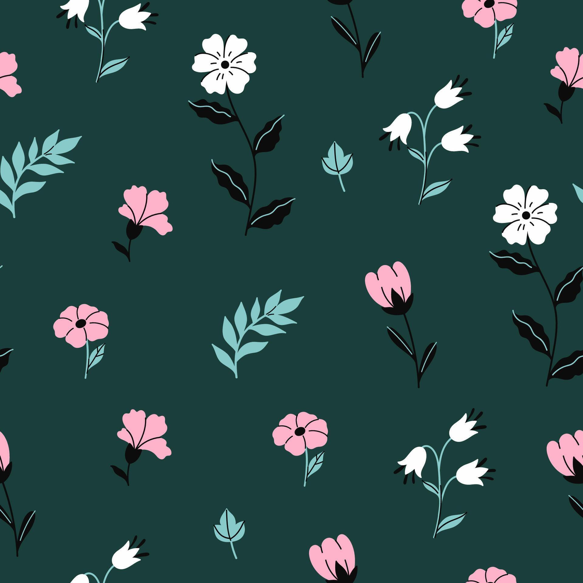 Seamless pattern with meadow flowers on a dark green background. graphics. Stock Free