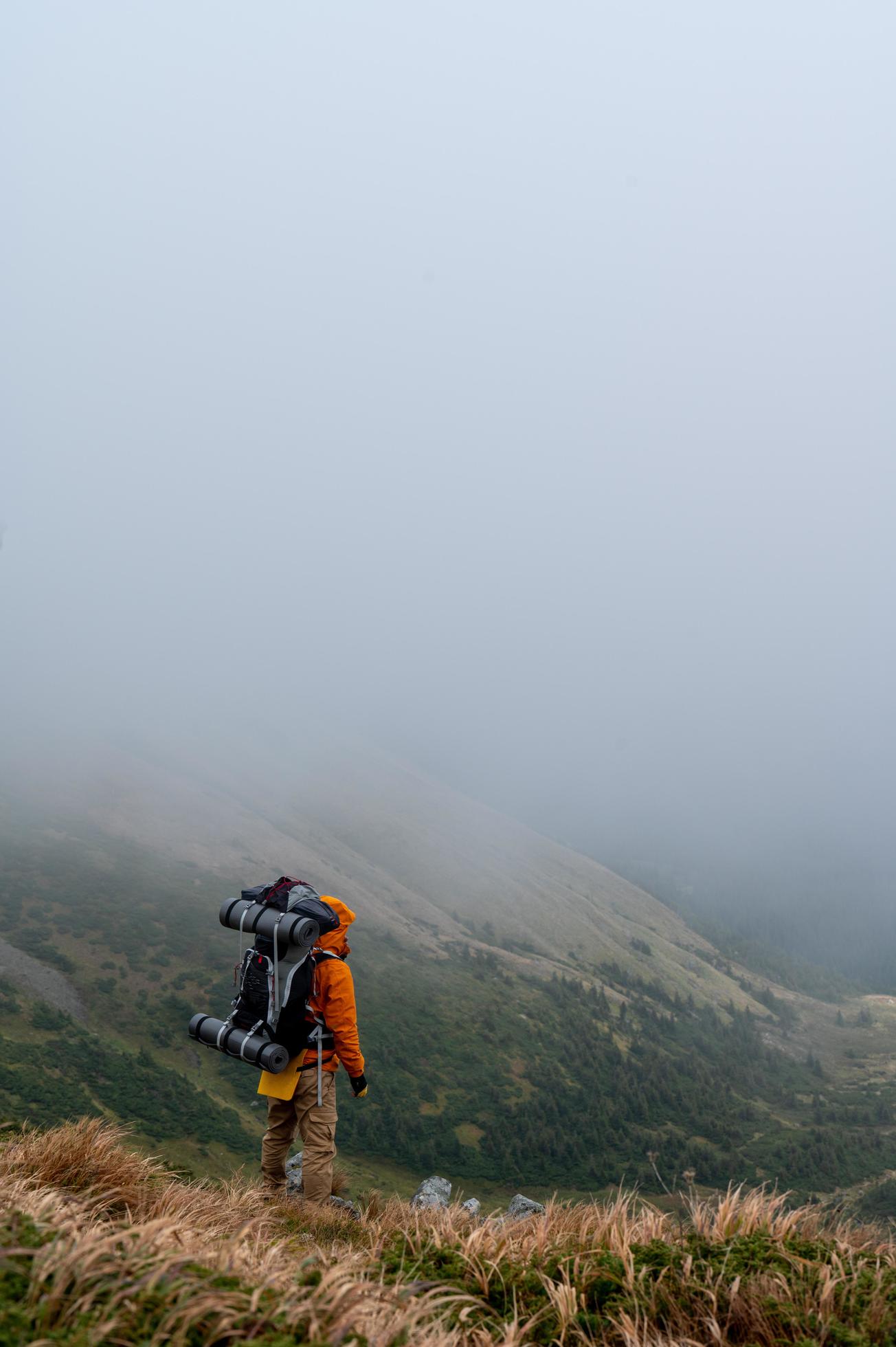 Tourist with a backpack on a background of picturesque Carpathians, picturesque autumn Carpathians. Stock Free