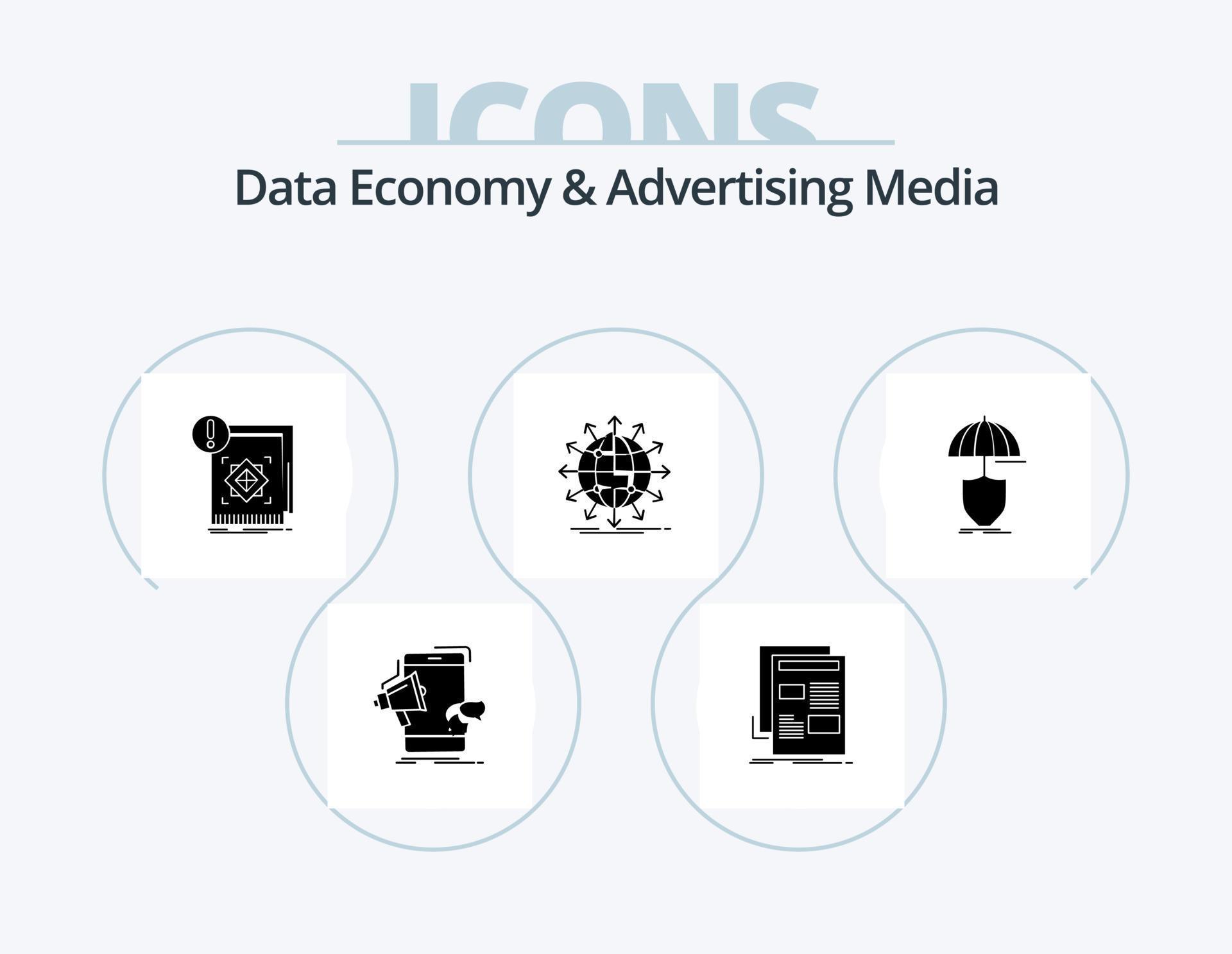 Data Economy And Advertising Media Glyph Icon Pack 5 Icon Design. arrow. globe. media. alert. infrastructure Stock Free