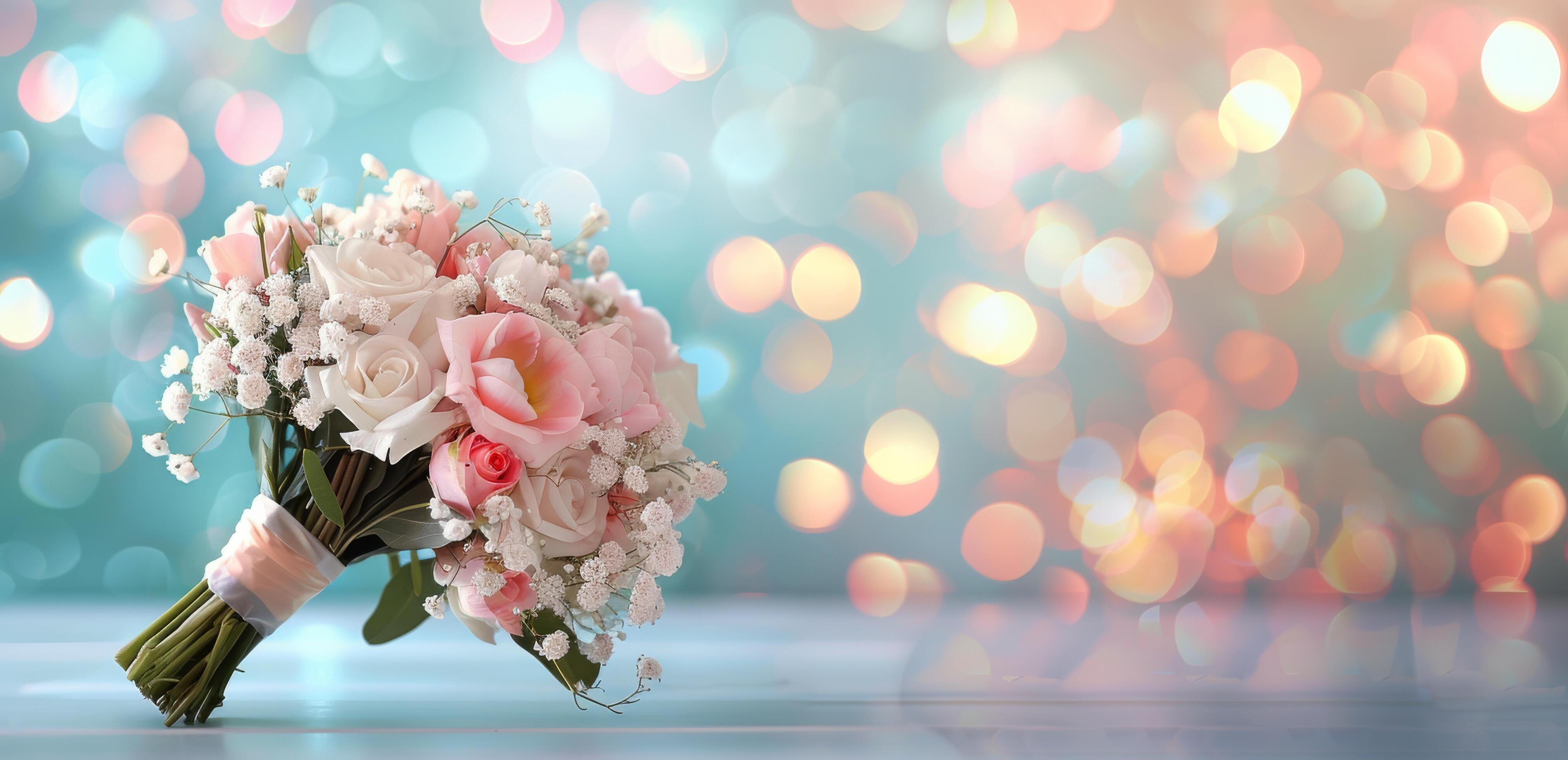 Elegant Bridal Bouquet With Pastel Roses and Bokeh Background at Wedding Reception Stock Free