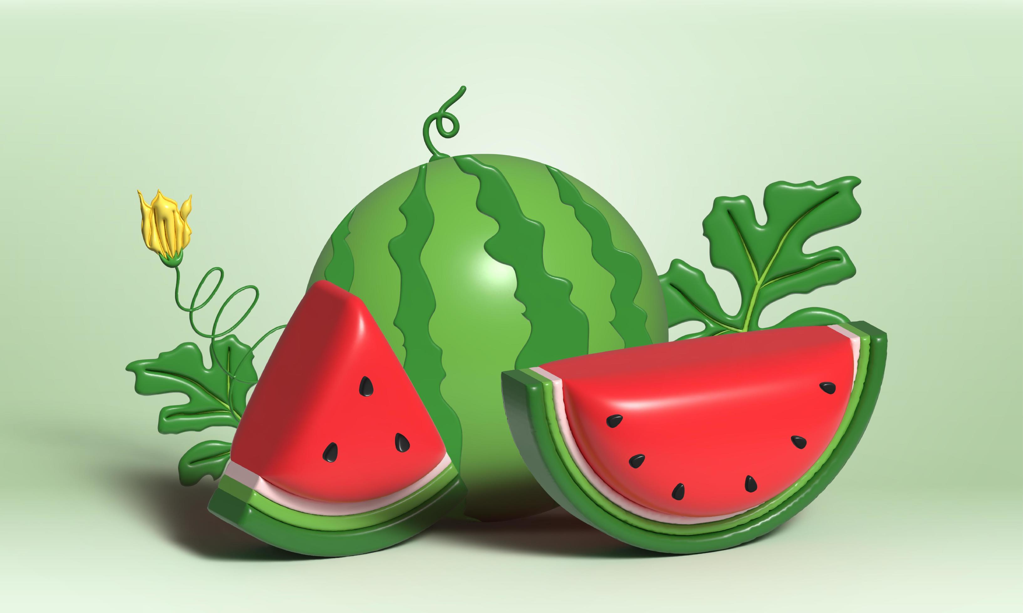 3D Watermelon and juicy slices banner, 3D illustration of watermelon juice, Fresh and juicy fruit concept of summer food. Stock Free