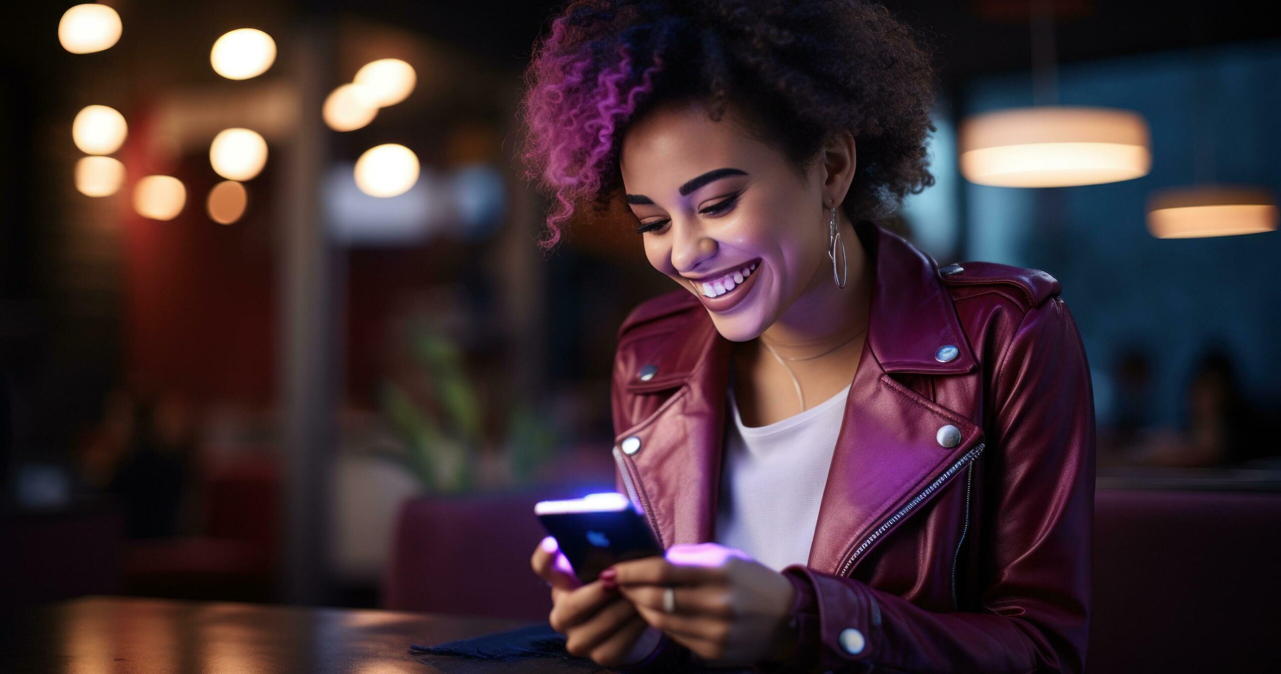 funny female smiling at her phone Free Photo