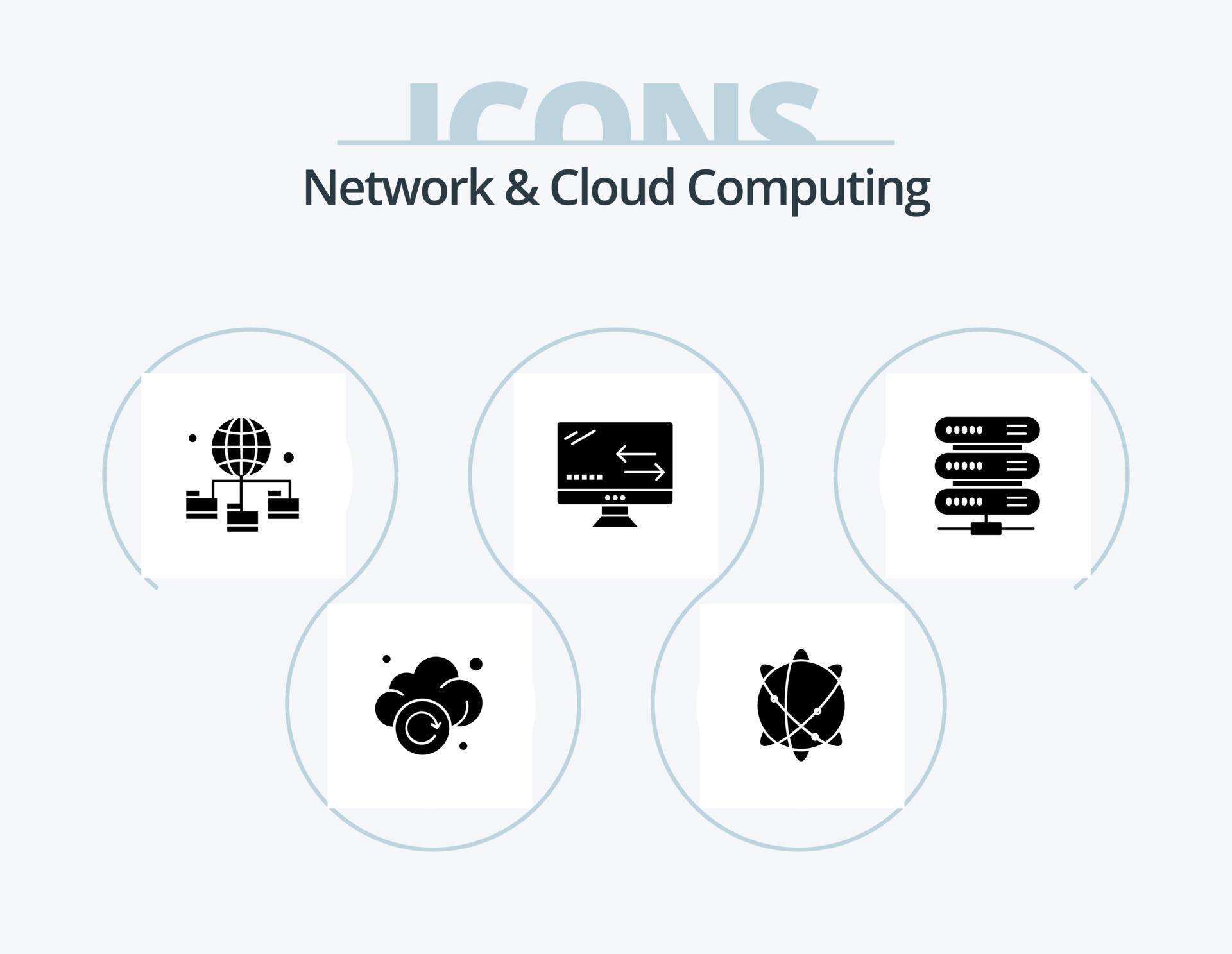 Network And Cloud Computing Glyph Icon Pack 5 Icon Design. data. technology. globe. arrows. cloud Stock Free