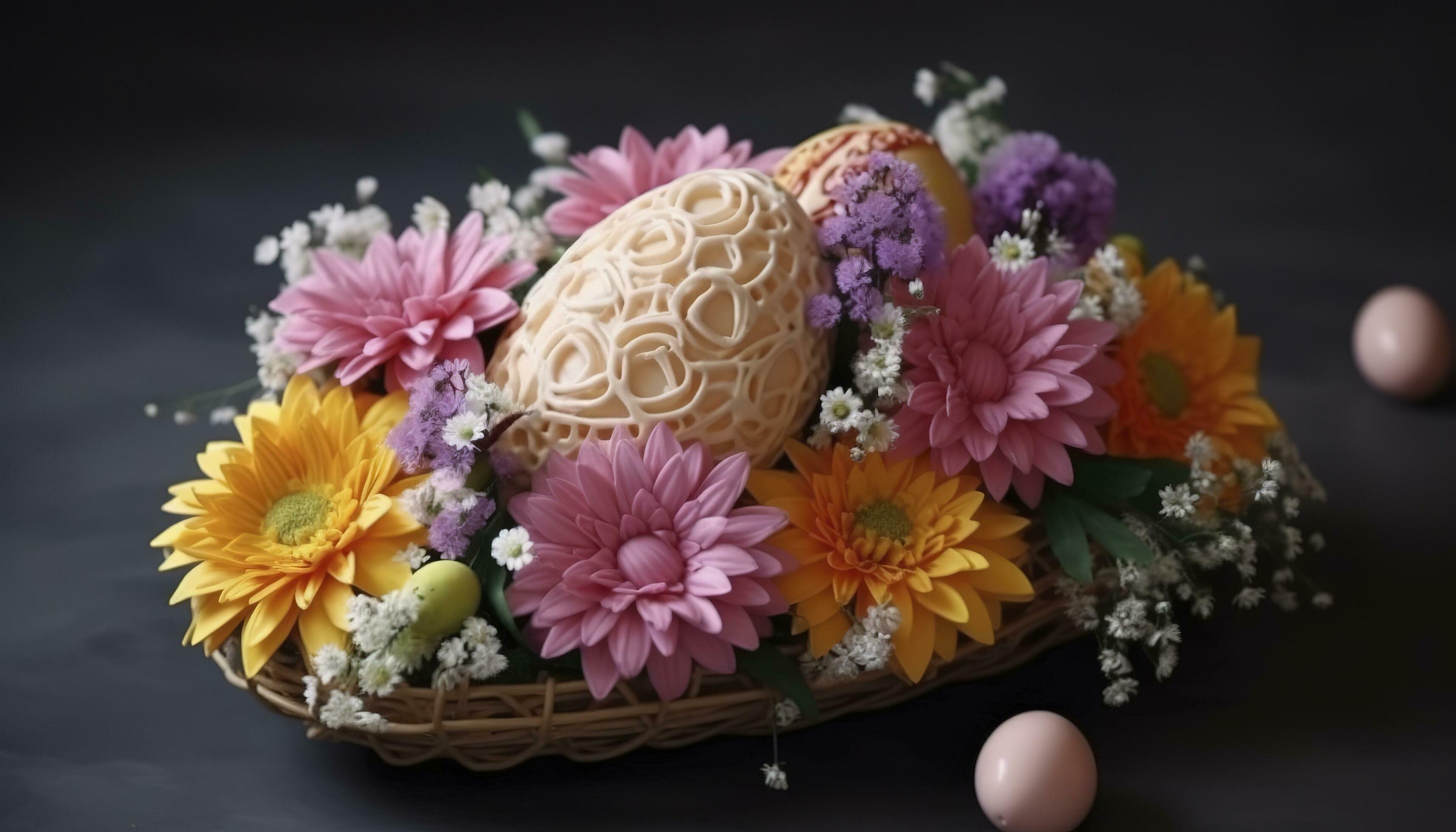 Easter Egg Decoration With Flower Bouquet, generate ai Stock Free