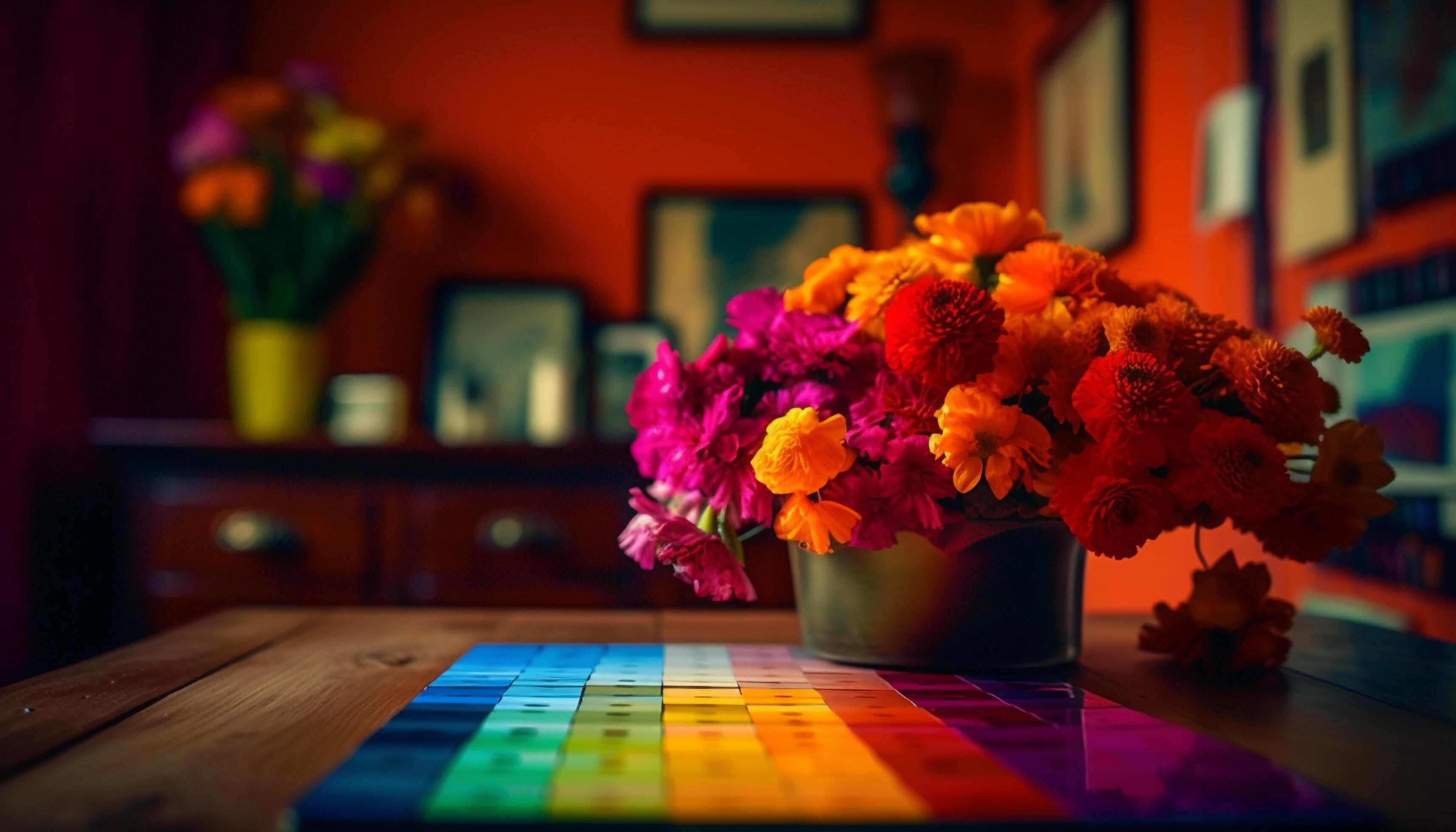 Vibrant bouquet of multi colored flowers adds freshness to home interior generated by AI Stock Free