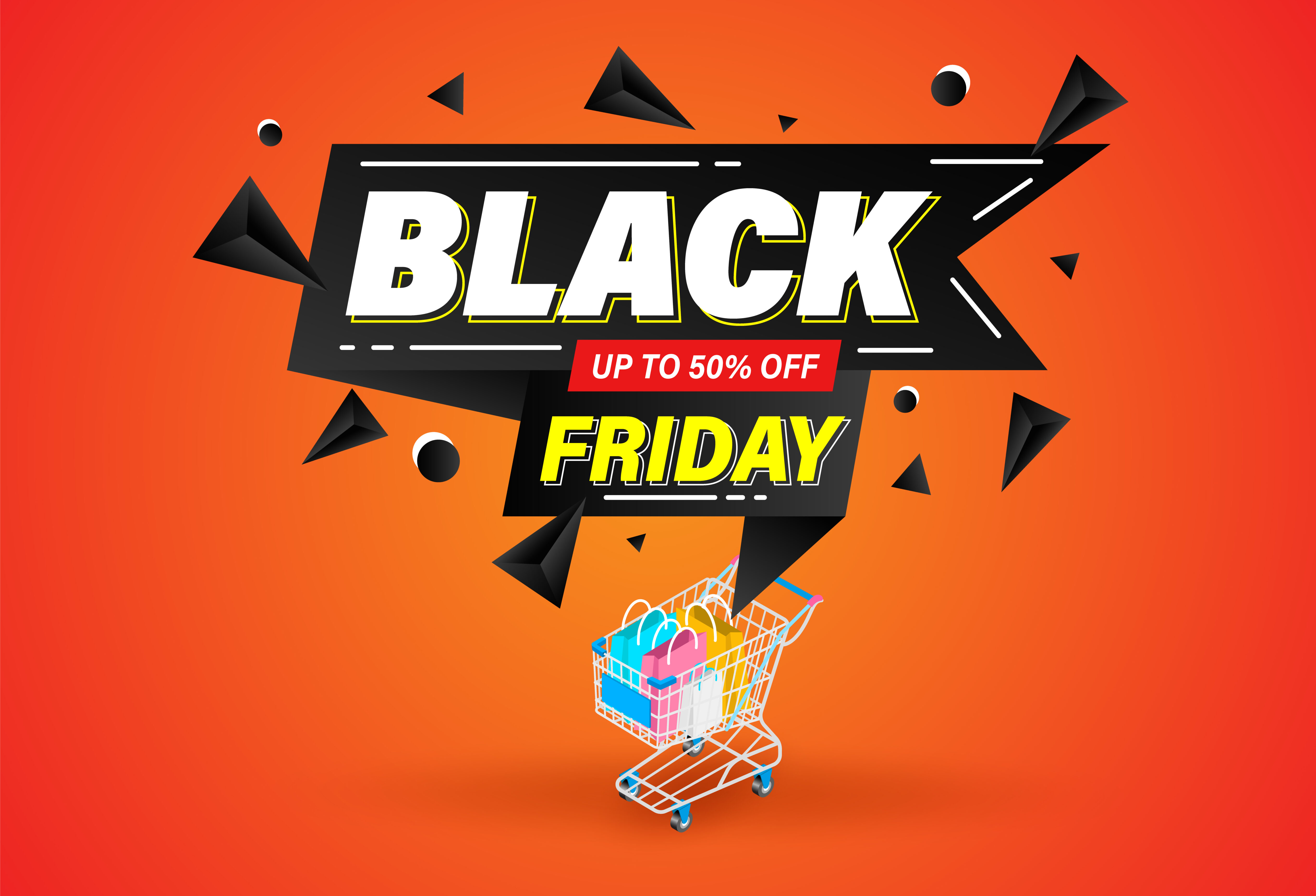 Black Friday Geometric Shape Banner and Shopping Cart Free Vector