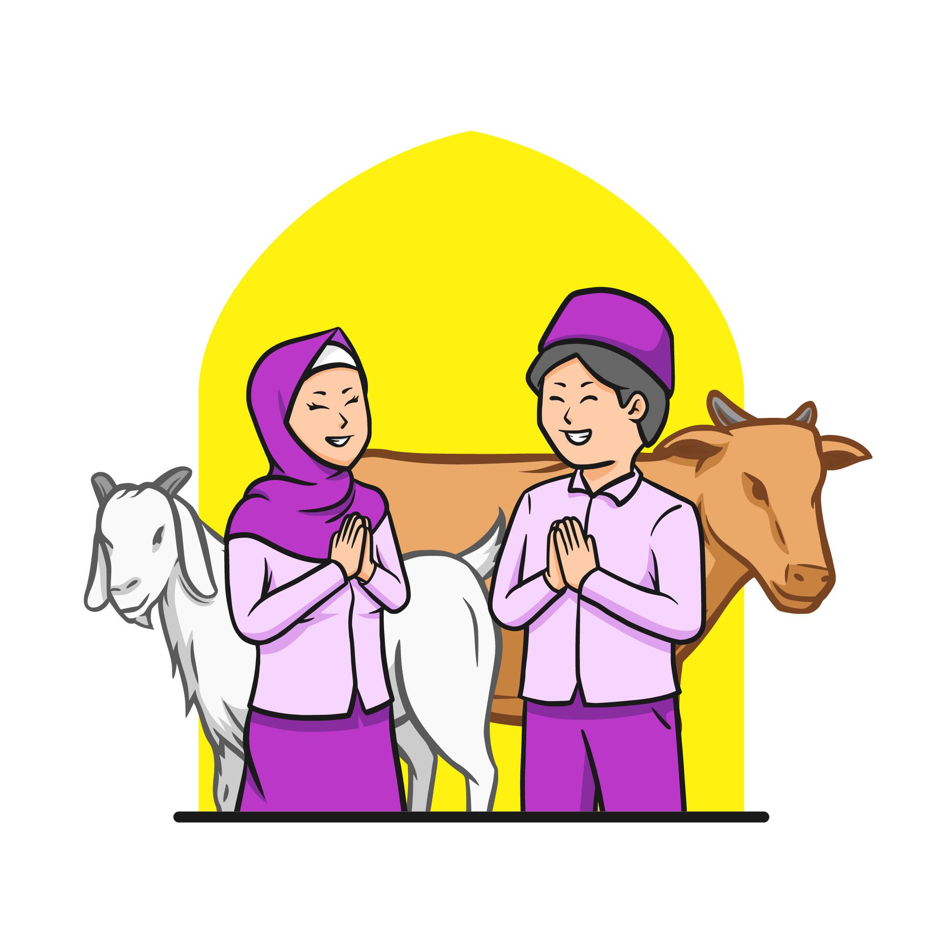 Eid Al Adha festival. banner with muslim couple, goat and cow. hand drawn illustration. Free Vector