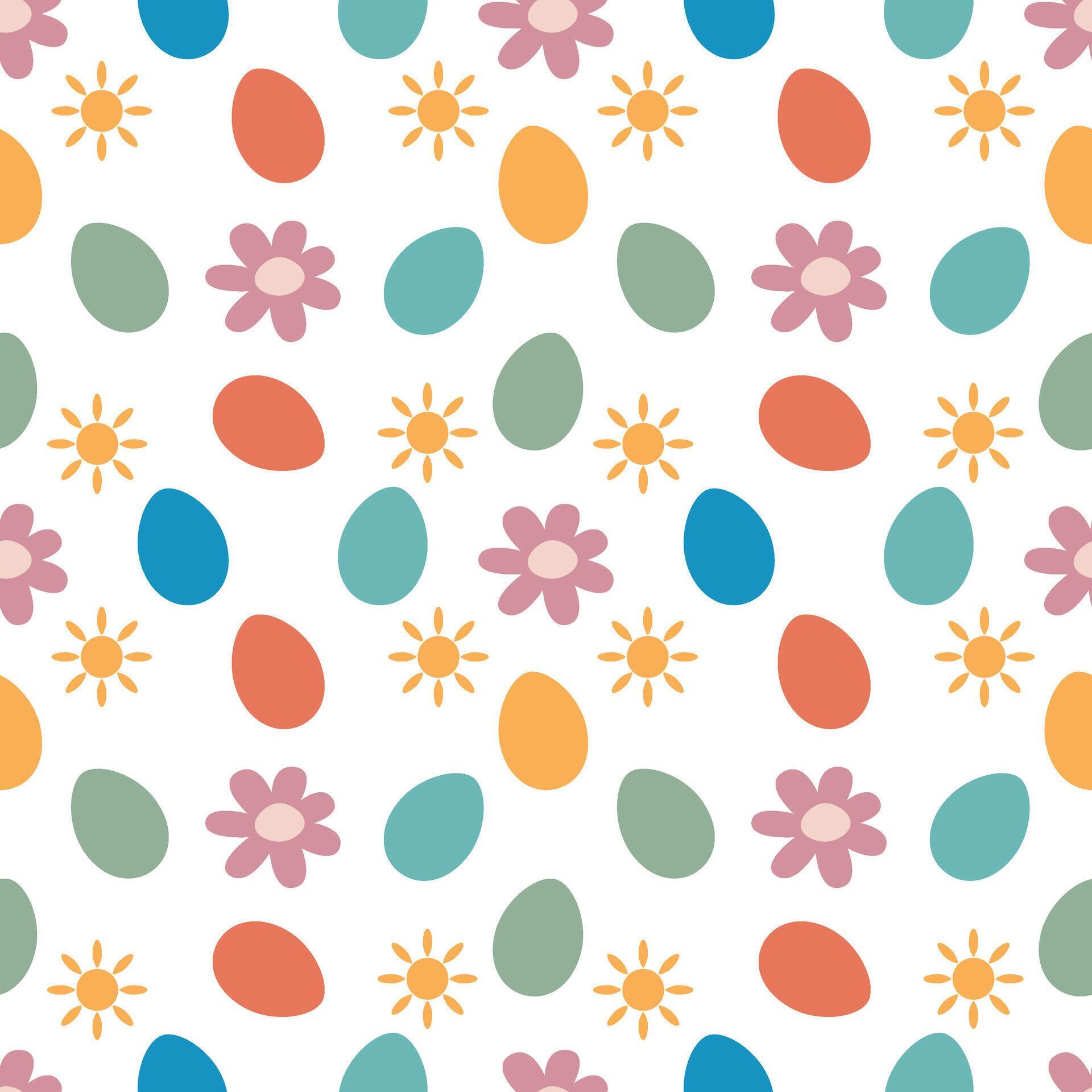 Seamless Easter pattern. Multi-colored Easter eggs, sun and flowers. For packaging, wrapping paper, textiles Stock Free