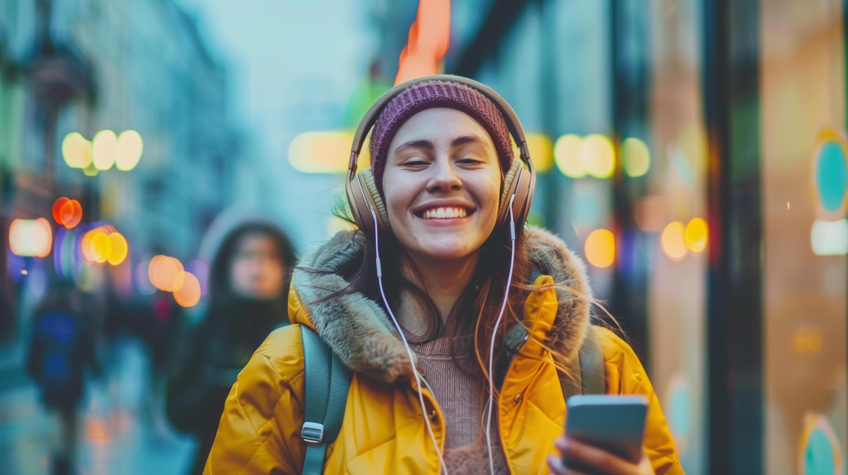 Happy woman in yellow jacket and purple hat with cellphone Stock Free