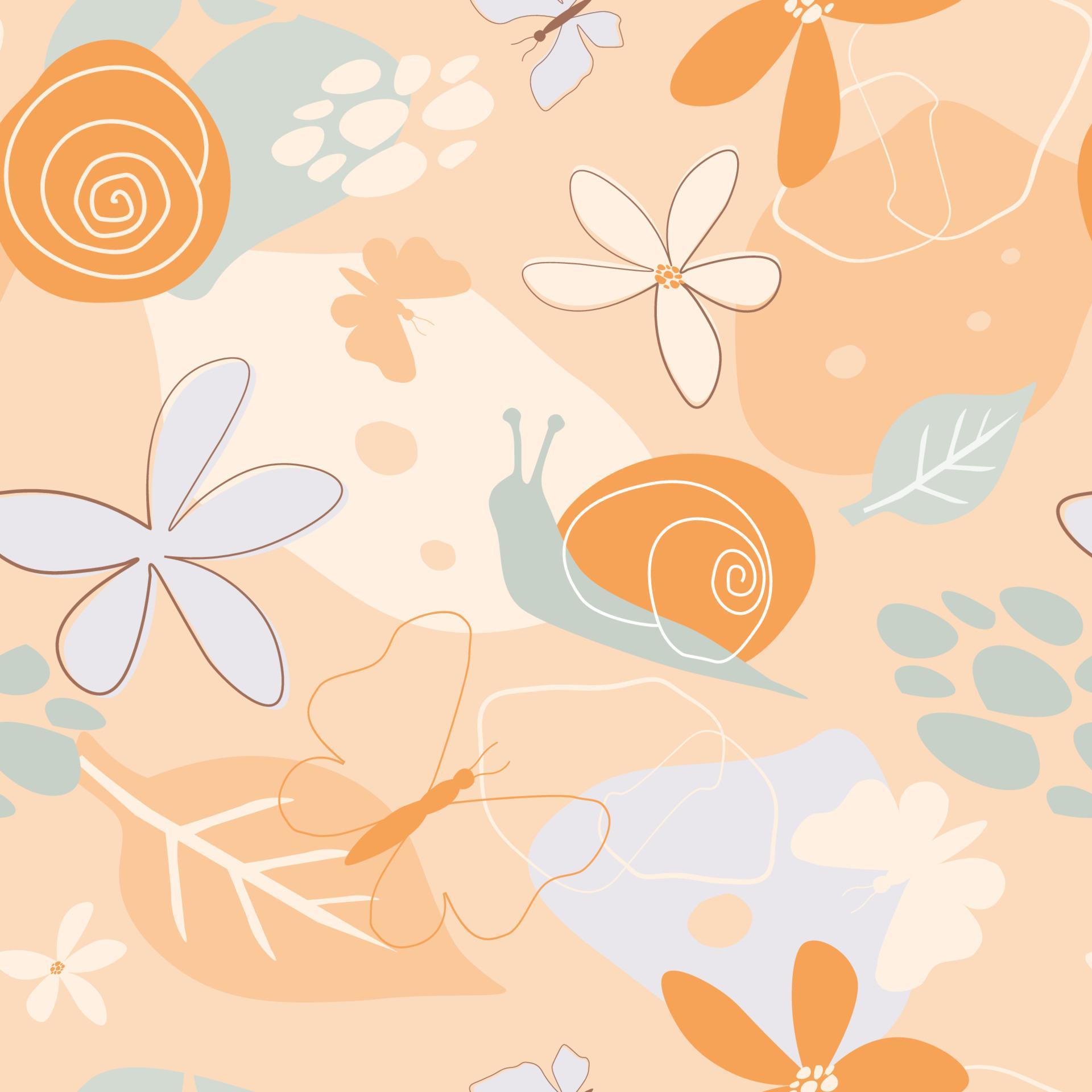 Seamless pattern with summer abstract ornament. Simple minimalistic print with flowers, snails, butterflies. Vector graphics. Stock Free