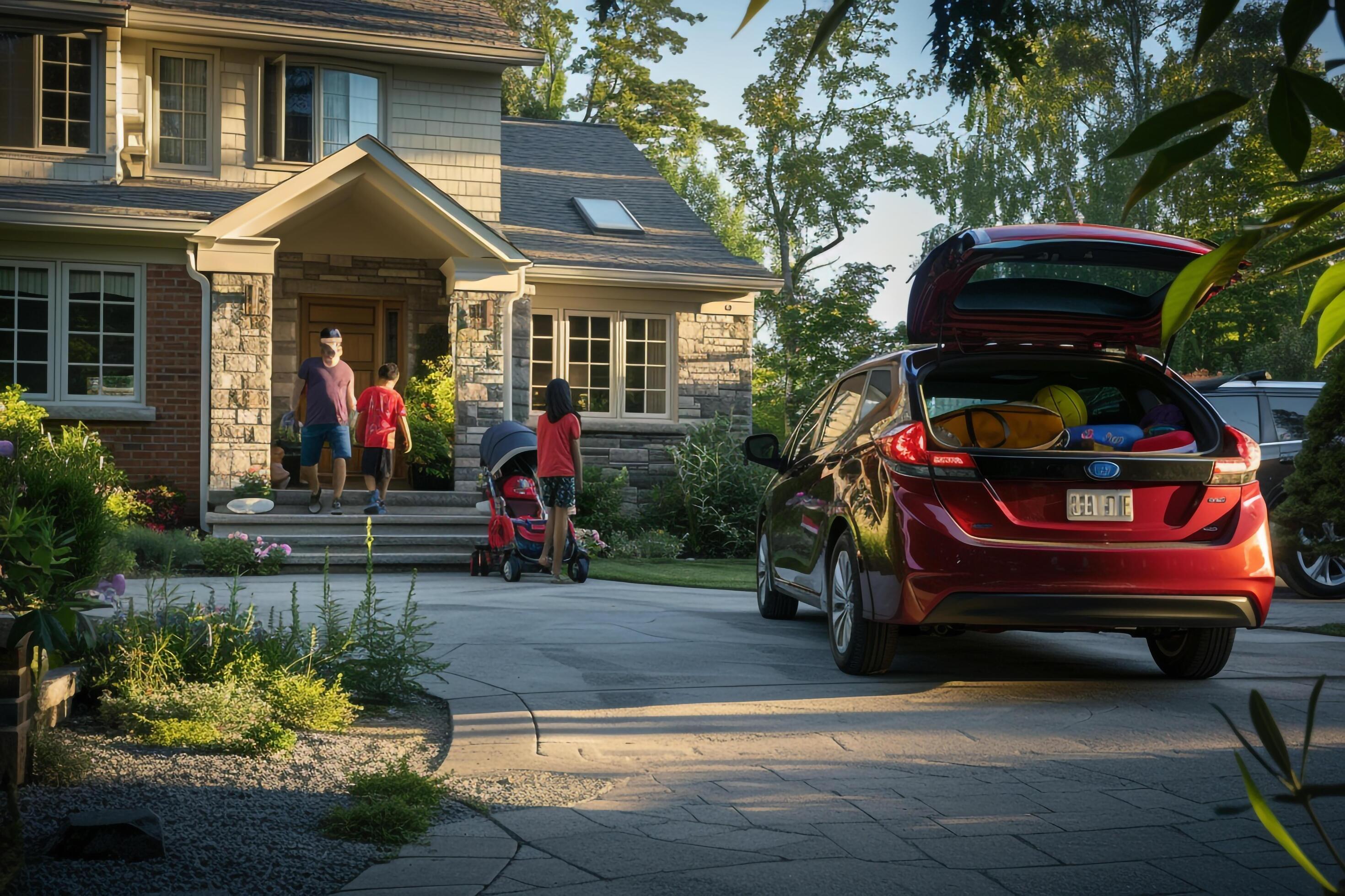 Hybrid Car in Suburban Driveway Family and Kids in nature background Stock Free