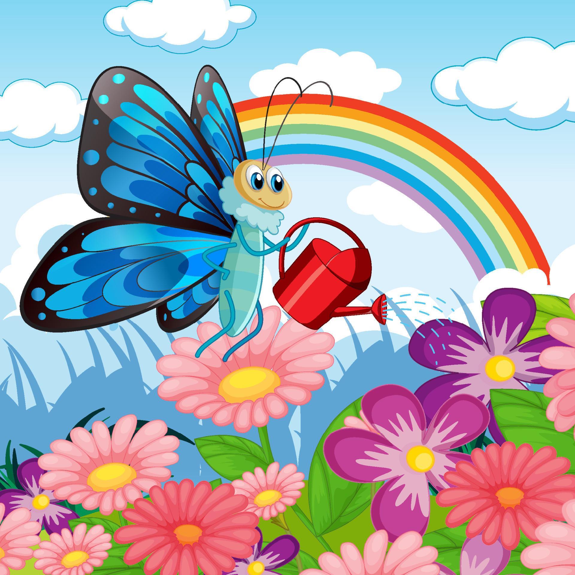 Flower field with cartoon butterfly watering flower Stock Free