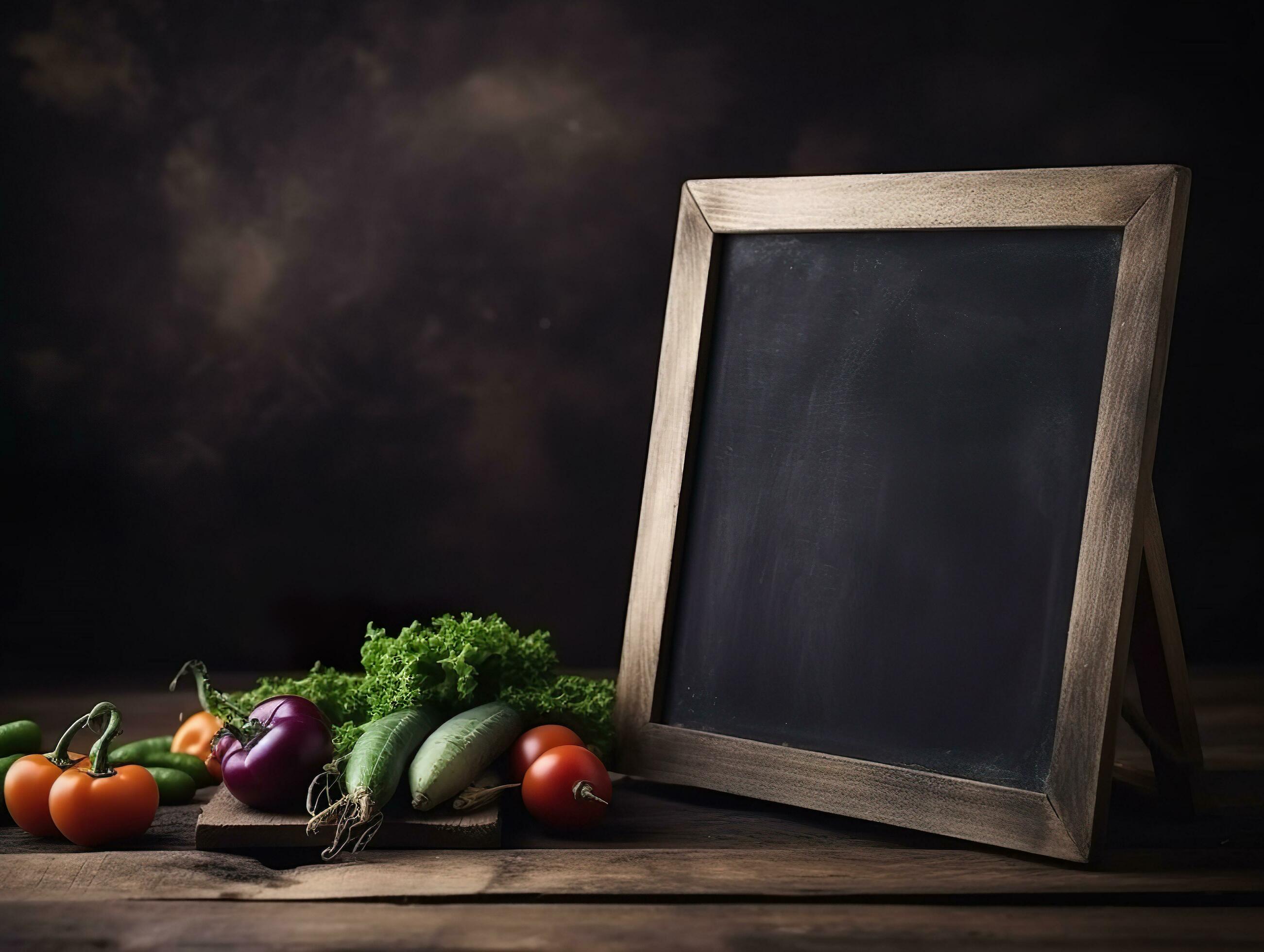 Blank blackboard mockup with organic fresh vegetables on wooden table, agriculture and business farmer concept, AI Generated Stock Free