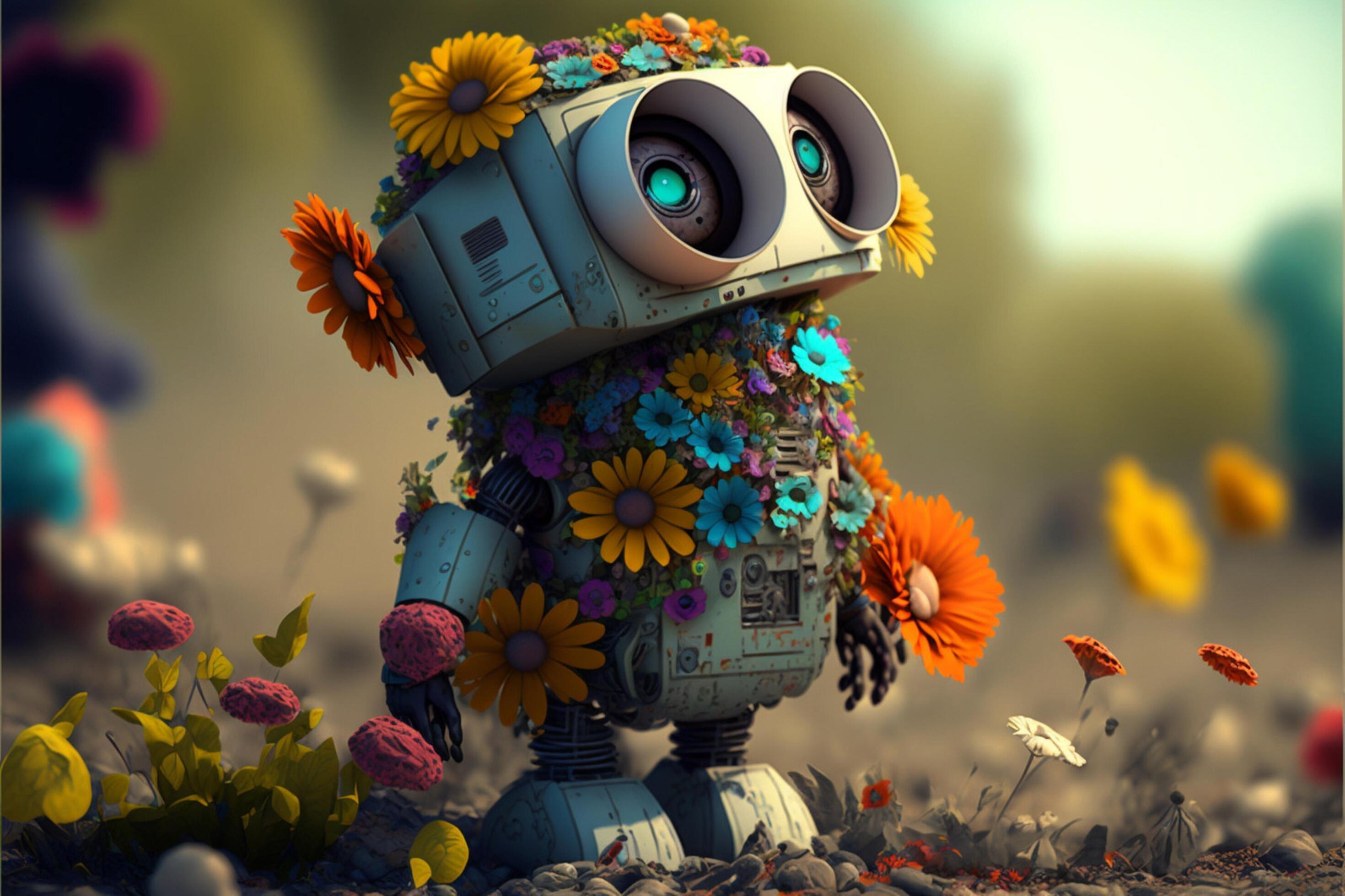 robot standing in a field of flowers. . Stock Free