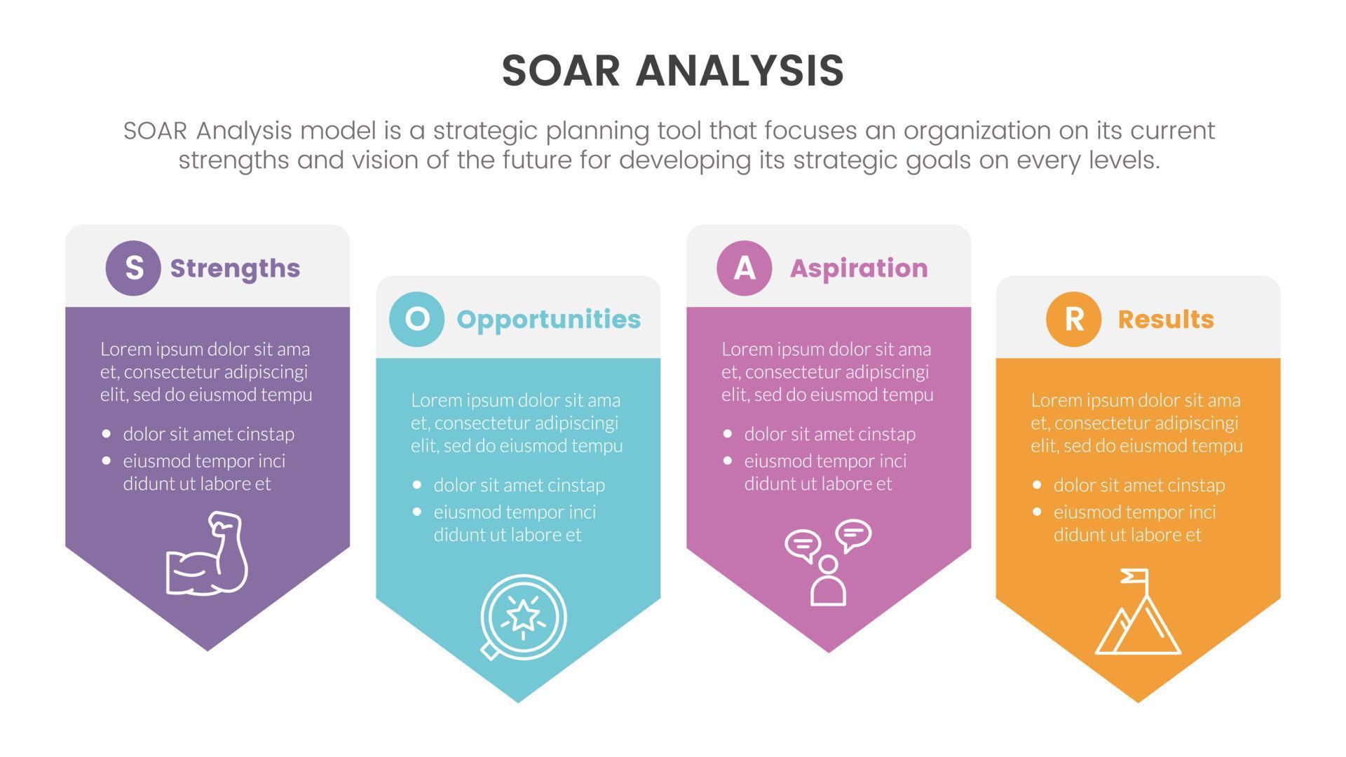 soar analysis framework infographic with arrow vertical box badge 4 point list concept for slide presentation Stock Free