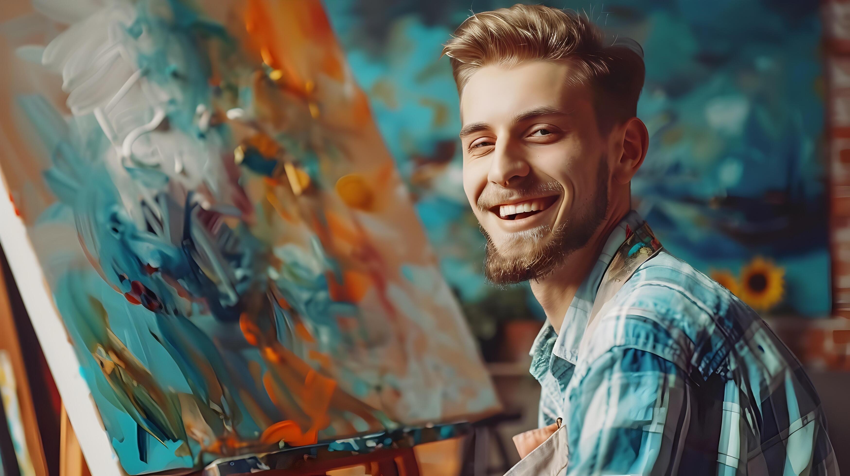 Joyful Young Male Passionately Painting on Vibrant Abstract Canvas in Creative Studio Stock Free