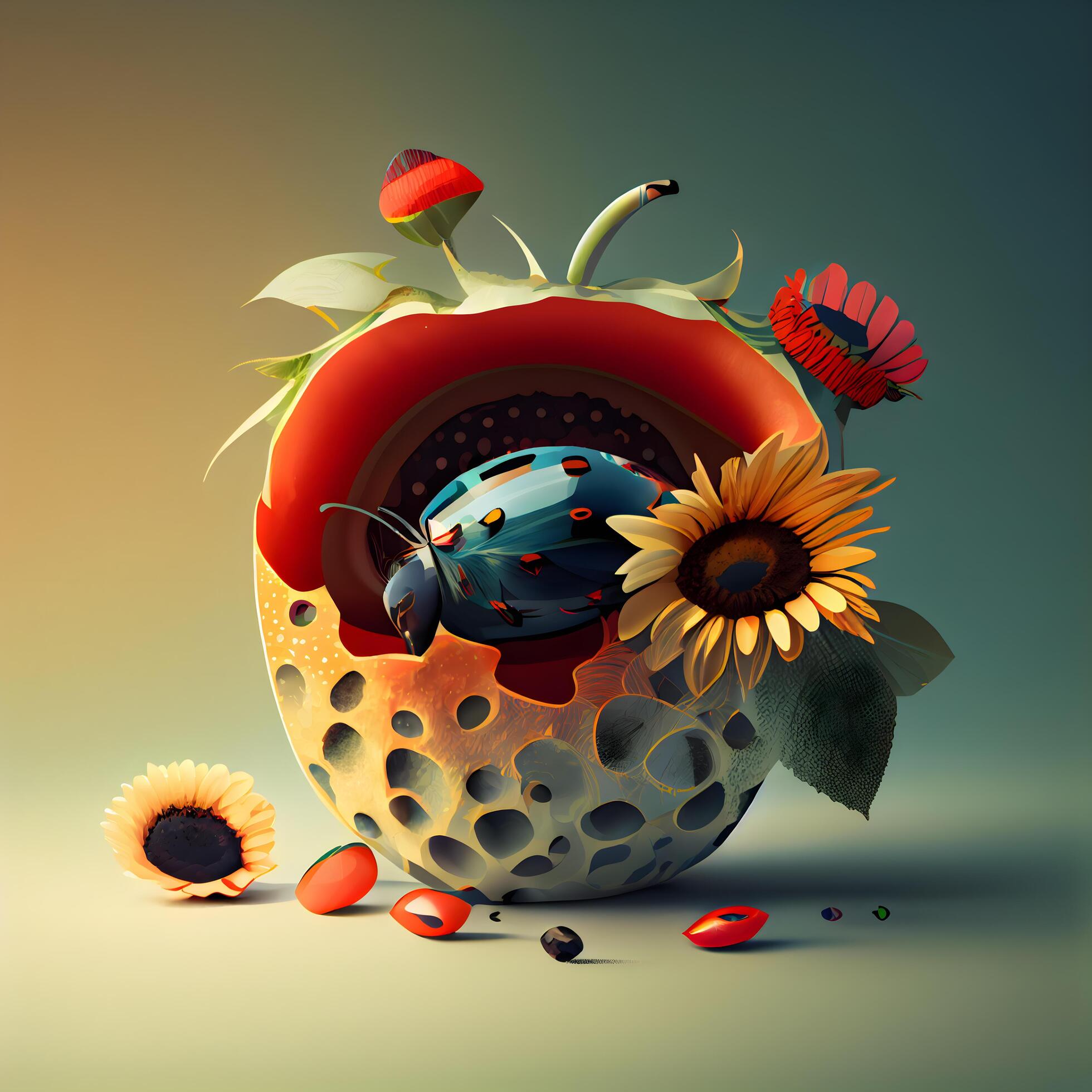 Easter egg with flowers and ladybug. 3D illustration., Image Stock Free