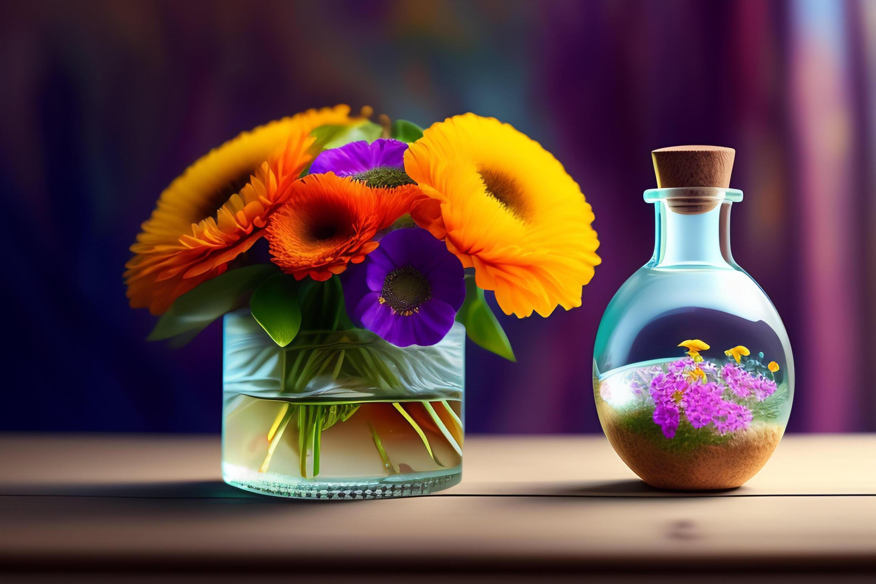 Gerbera flowers in vase adorned in beautiful colors vintage used as background Stock Free